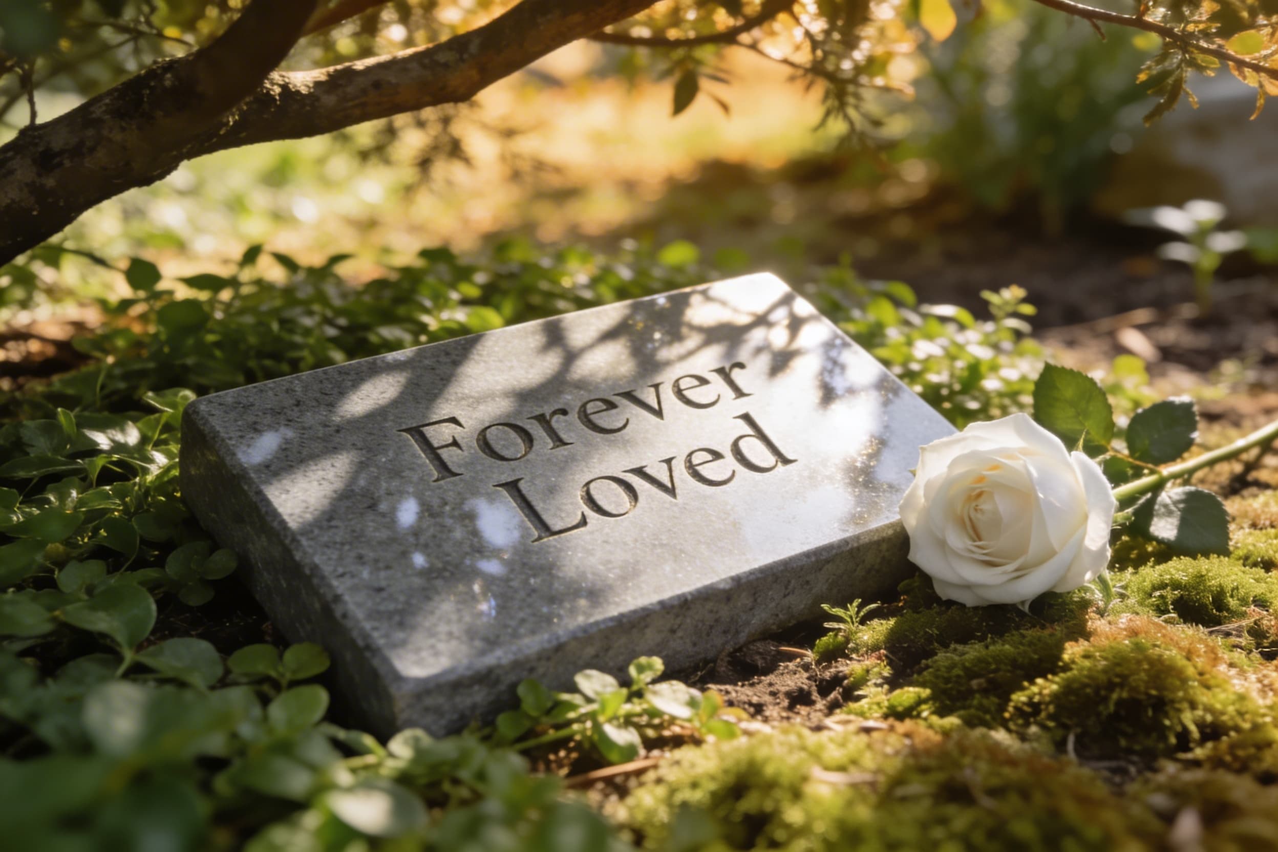 A small polished gray memorial garden stone engraved with the words Forever Loved, resting on green ground cover in a peaceful garden with warm afternoon light
