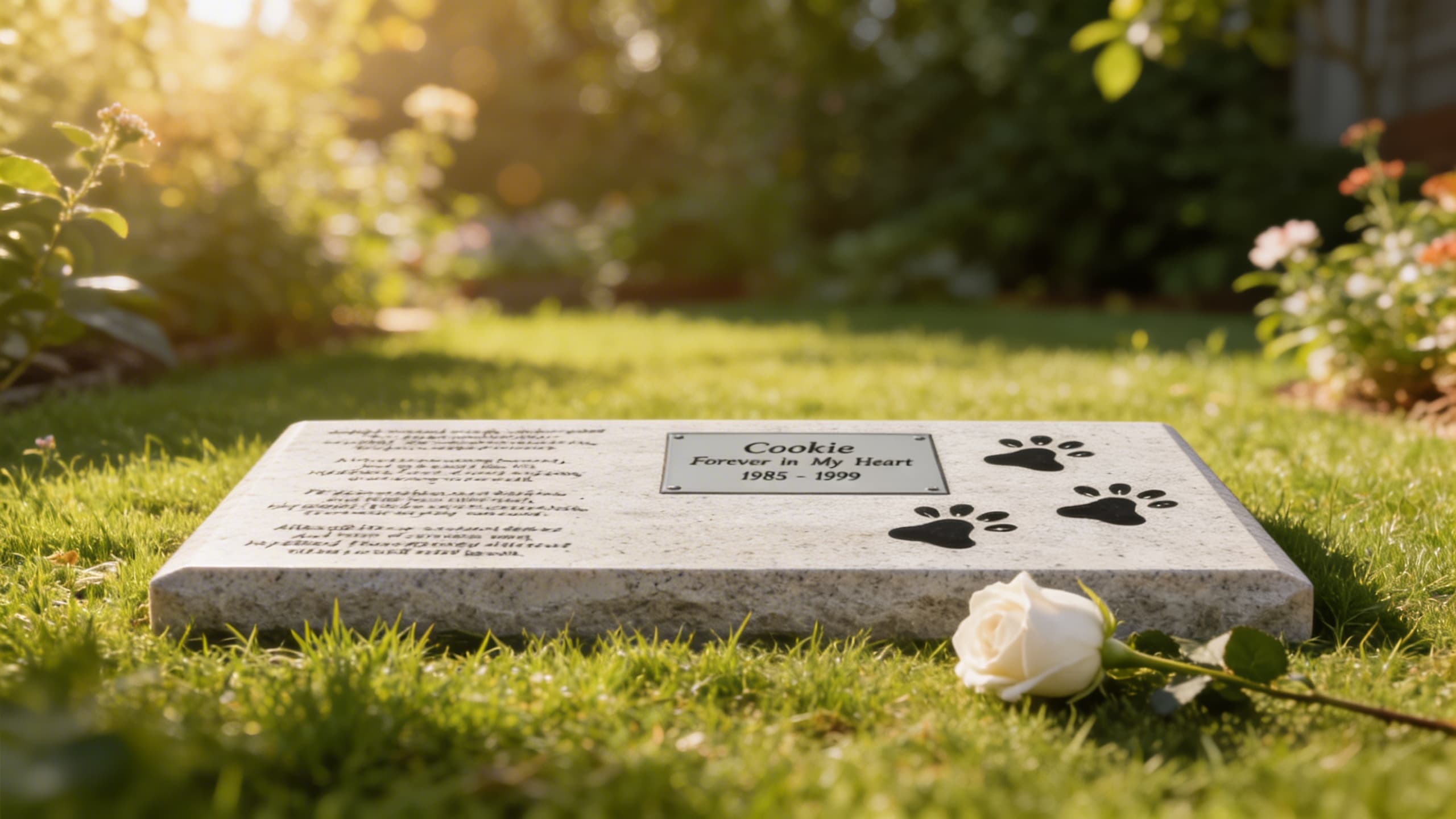 A granite pet grave marker with engraved epitaph sitting on green grass in a peaceful garden with warm afternoon light and a white rose nearby