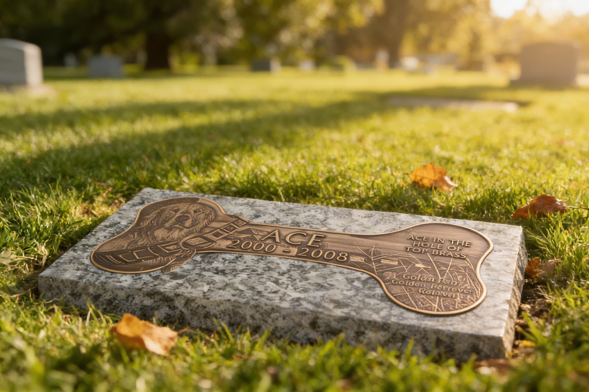 A bronze bone-shaped dog grave marker with engraved portrait and dates set on green grass at a peaceful pet cemetery with soft-focus headstones in the background