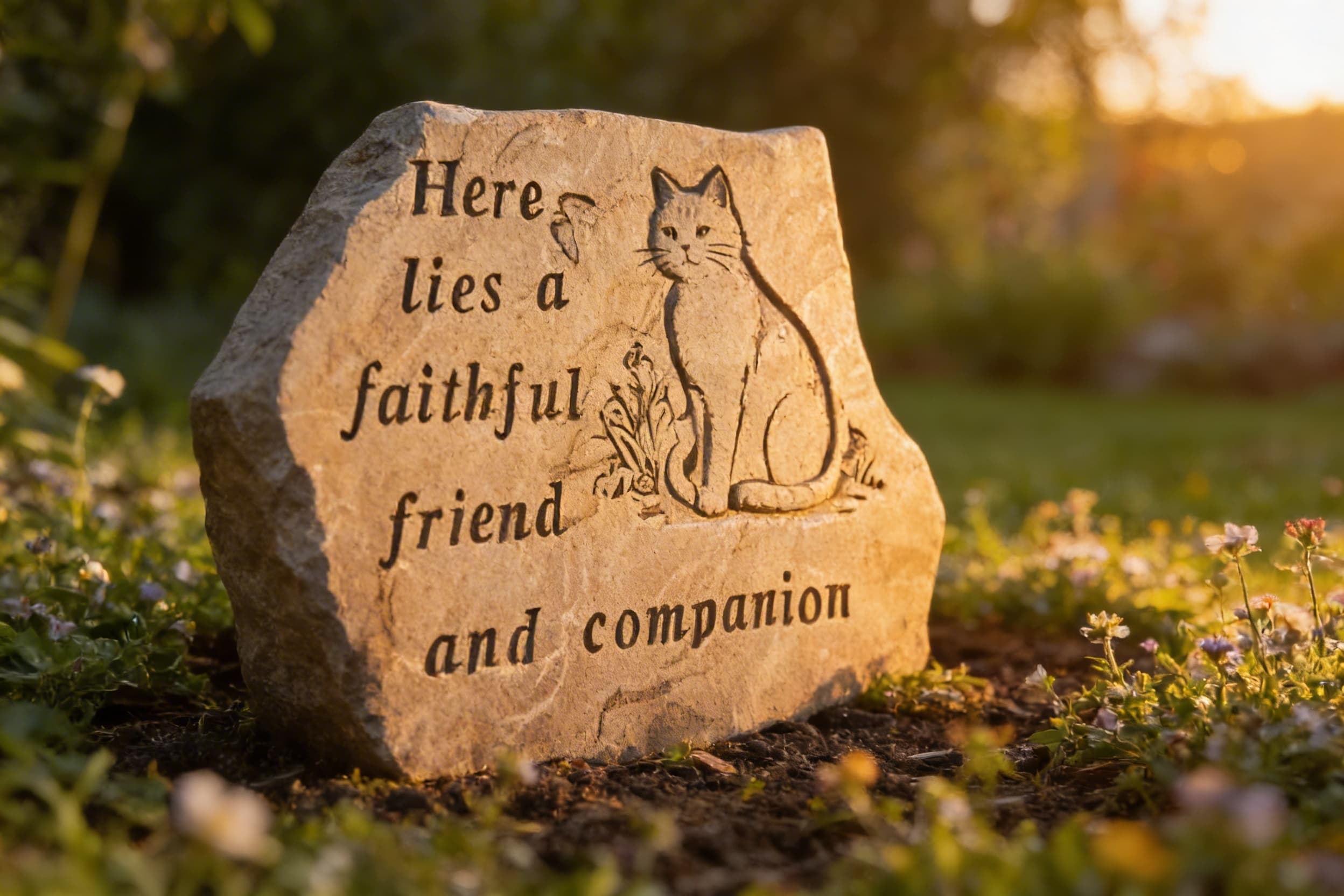 A cultured stone cat memorial with paw print design and heartfelt inscription placed in a lush garden setting with soft golden-hour light