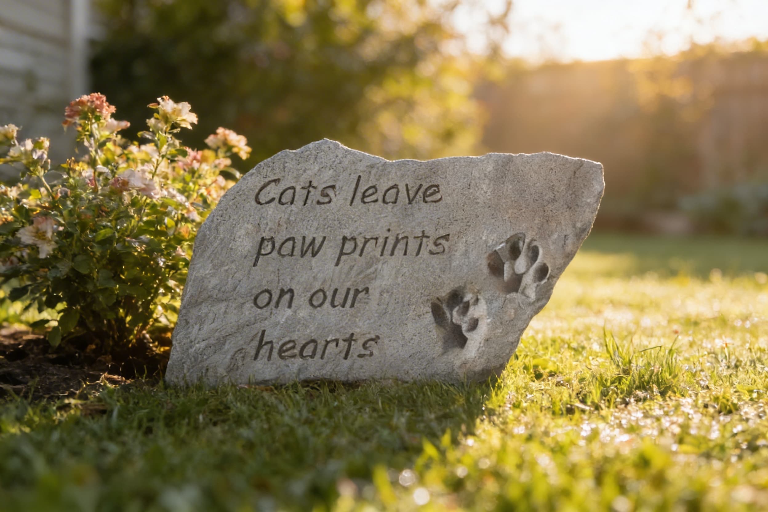 Cats leave paw prints on our hearts grave marker with real paw prints.
