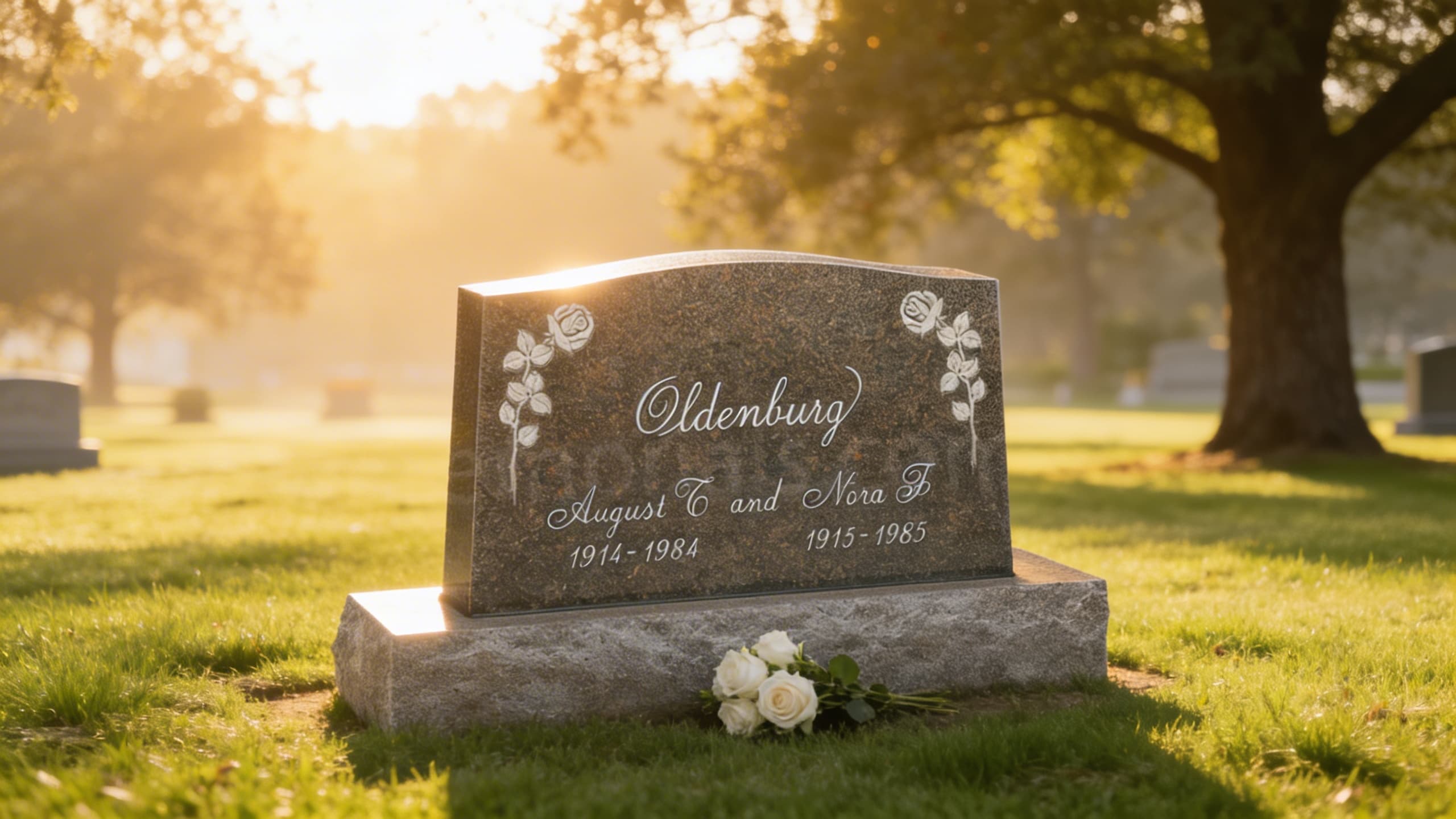 A granite upright headstone with carved roses standing on a manicured cemetery lawn in golden morning light with white roses at the base