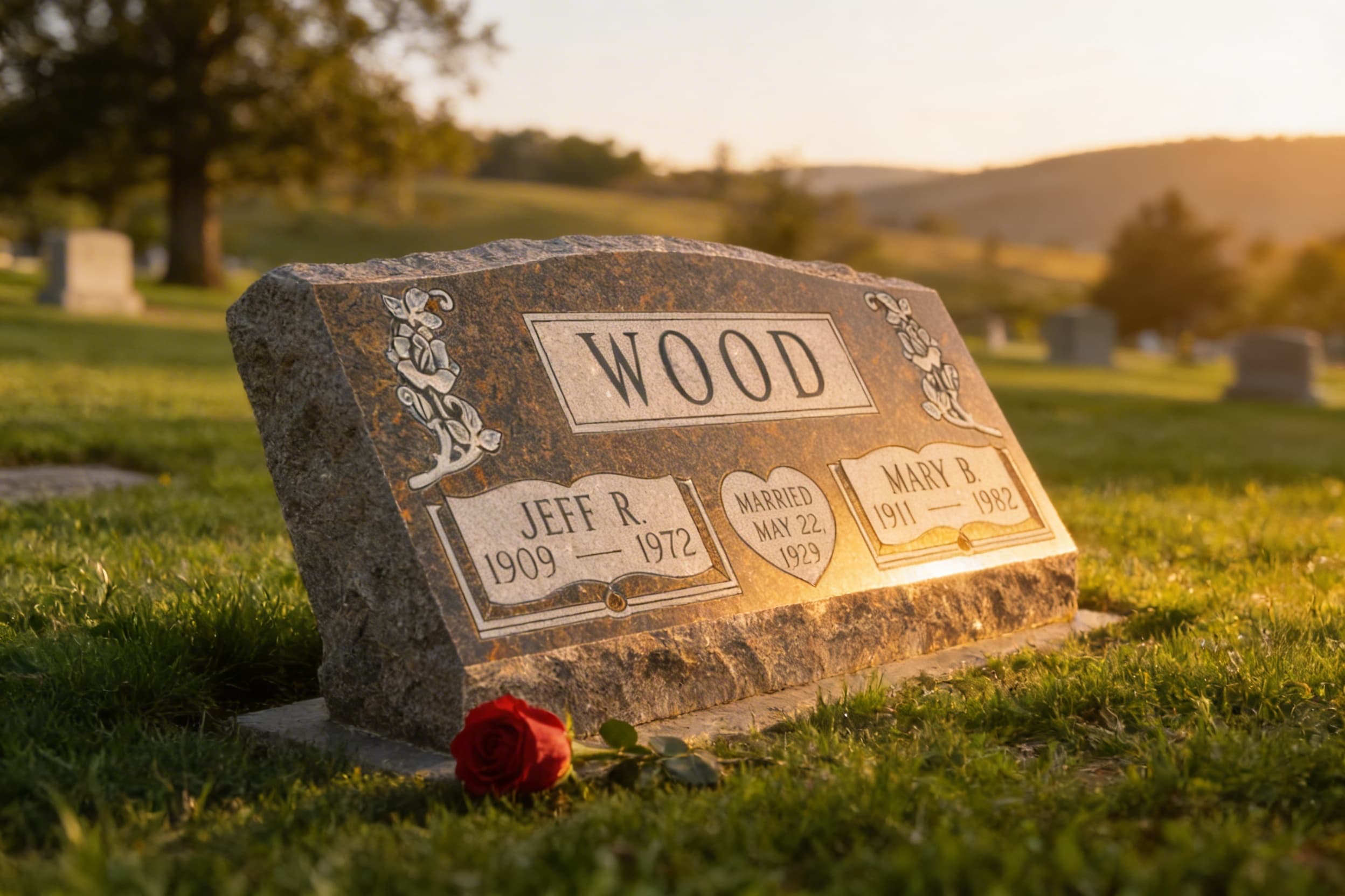 A companion slant granite gravestone with two names and a marriage date on a green cemetery lawn at golden hour with a single red rose at the base