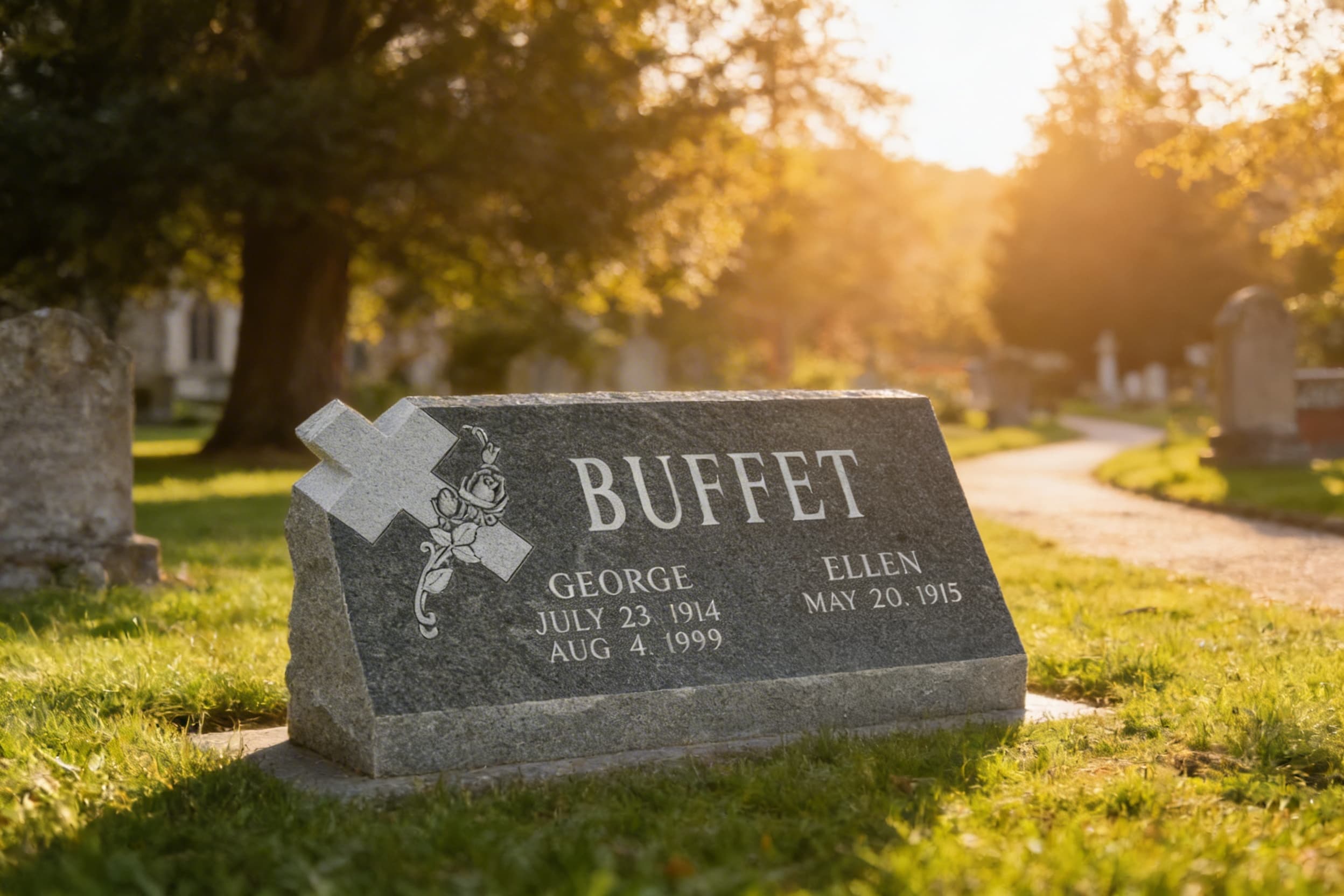 A granite cross slant grave marker with carved rose detail on a green churchyard lawn with mature trees and a winding path in golden hour light