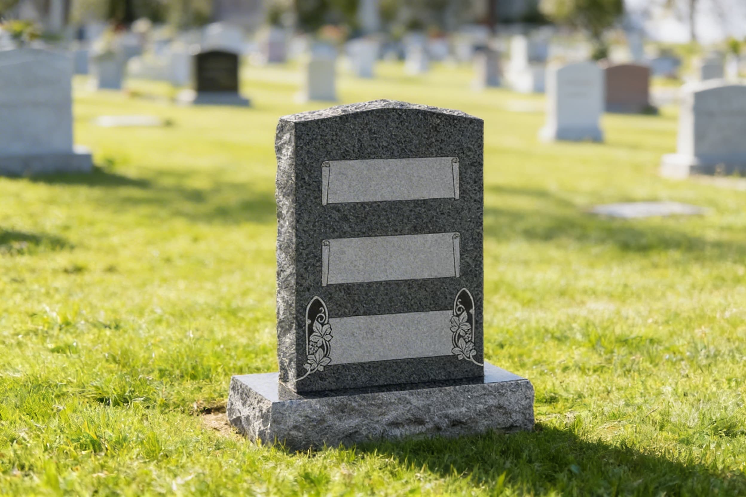 A standard dark granite upright headstone with blank engraving panels standing in a well-maintained cemetery with other headstones softly blurred in the background