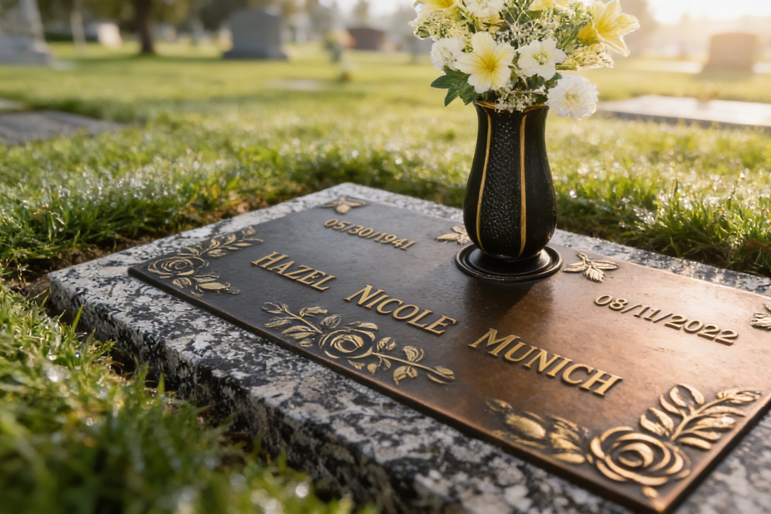 A bronze grave marker on granite with detailed rose engravings and a bronze vase with flowers flush in a manicured cemetery lawn in early morning light