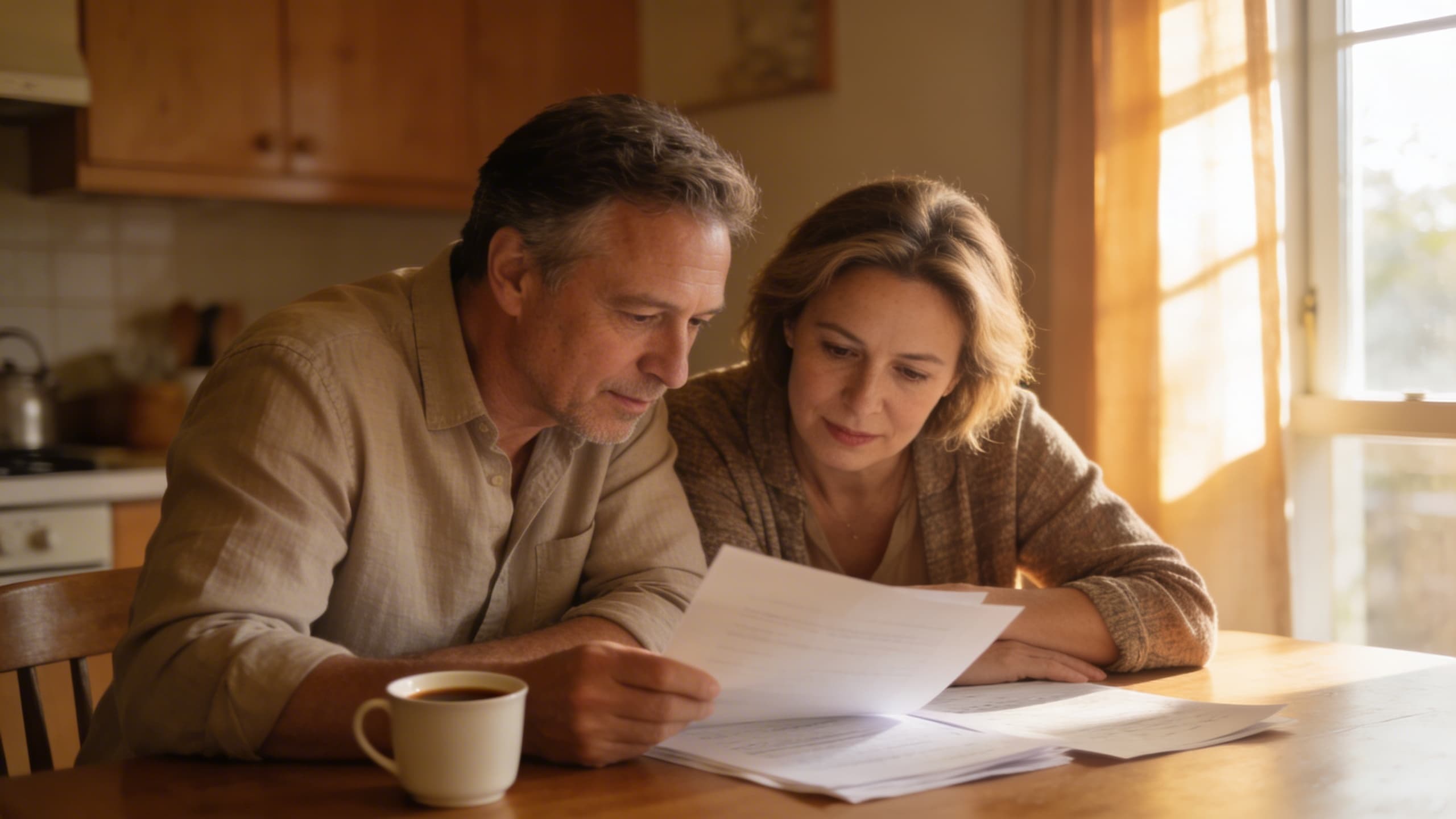 A family seated at a kitchen table reviewing cremation planning documents together in warm natural light