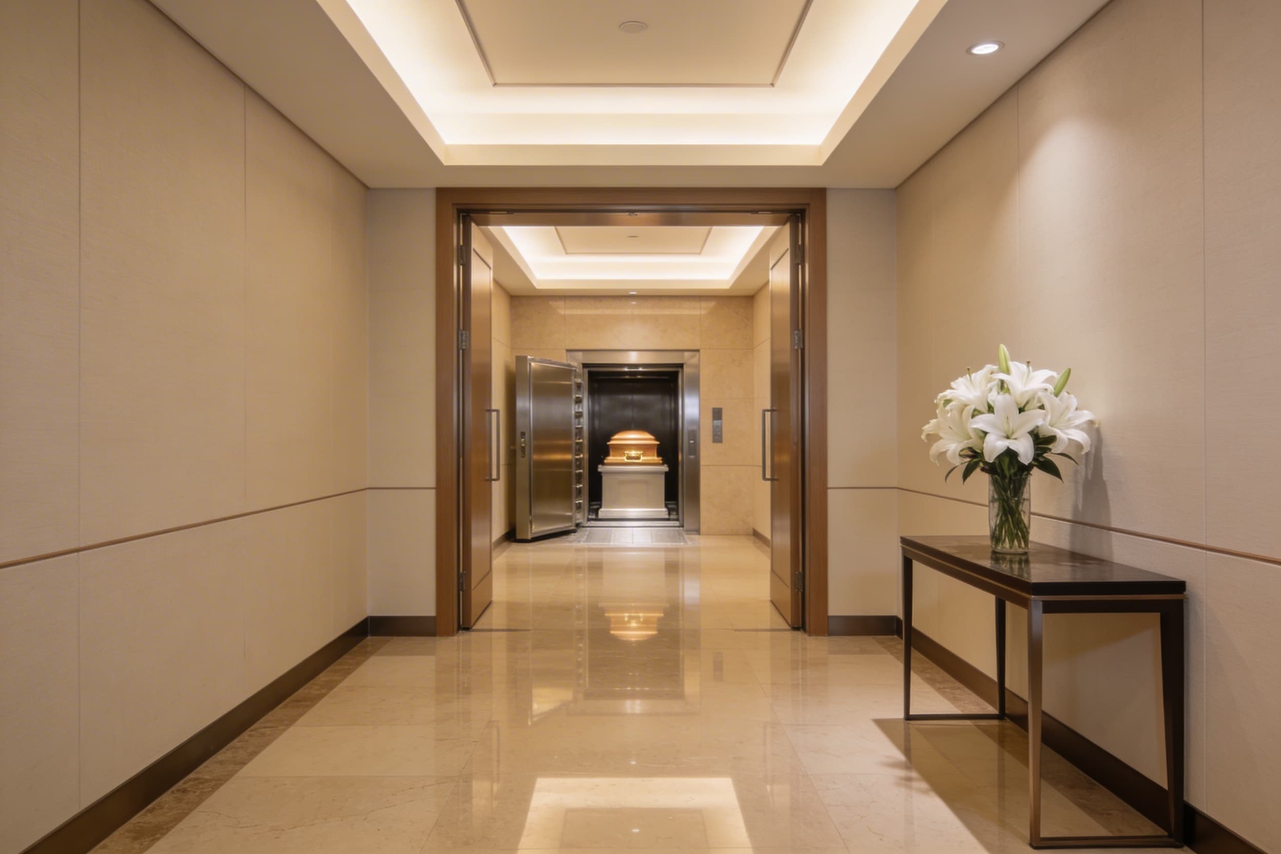 The exterior of a modern cremation chamber with soft ambient lighting in a clean, professional facility