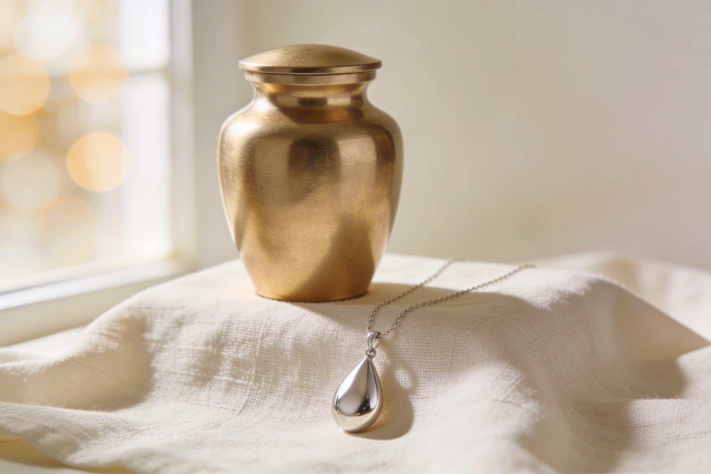 A small brass keepsake urn and a silver cremation pendant displayed on a cream linen cloth in soft window light