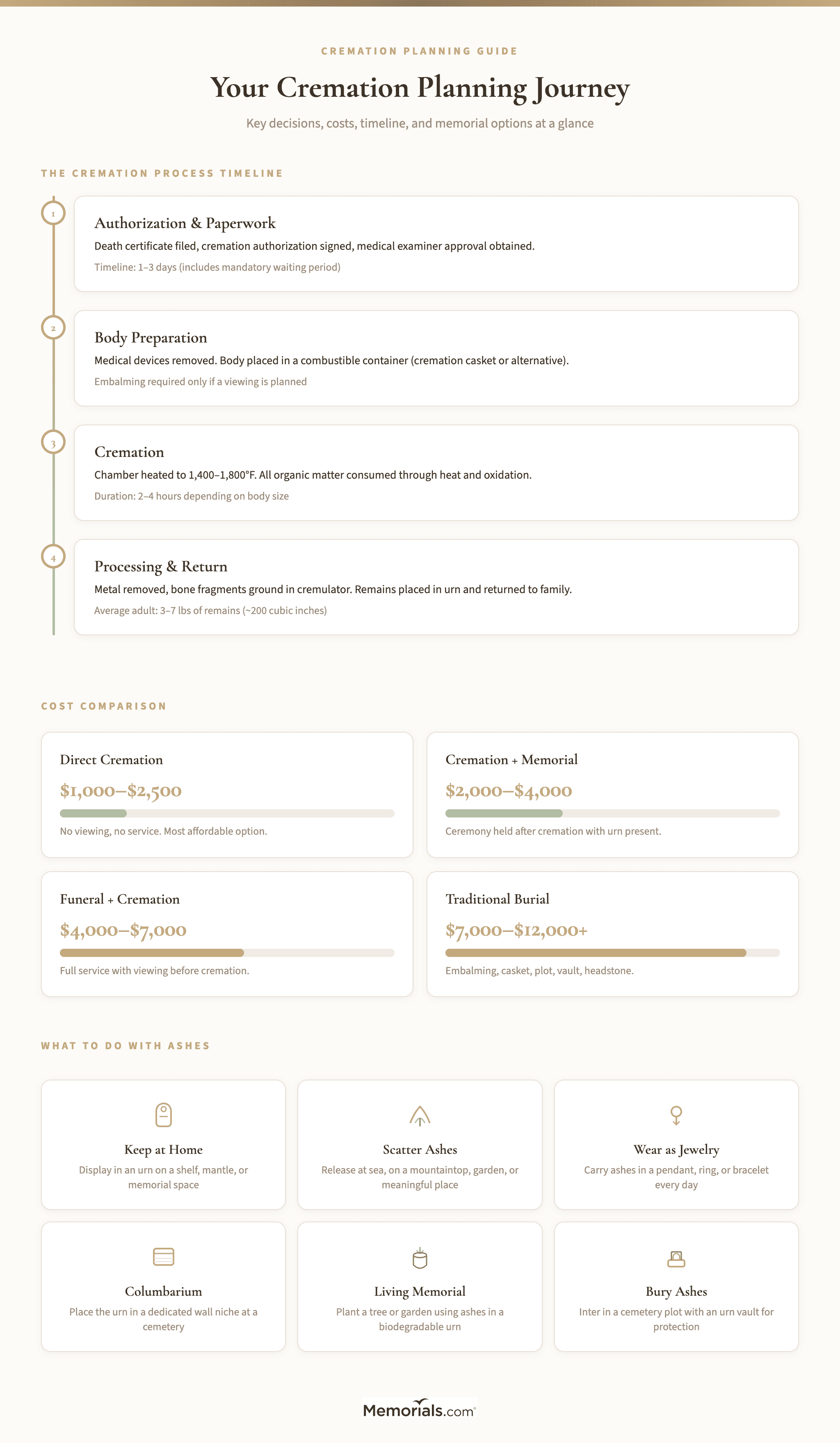 Visual overview of the cremation planning journey: key decisions, cost ranges, timeline, and memorial options