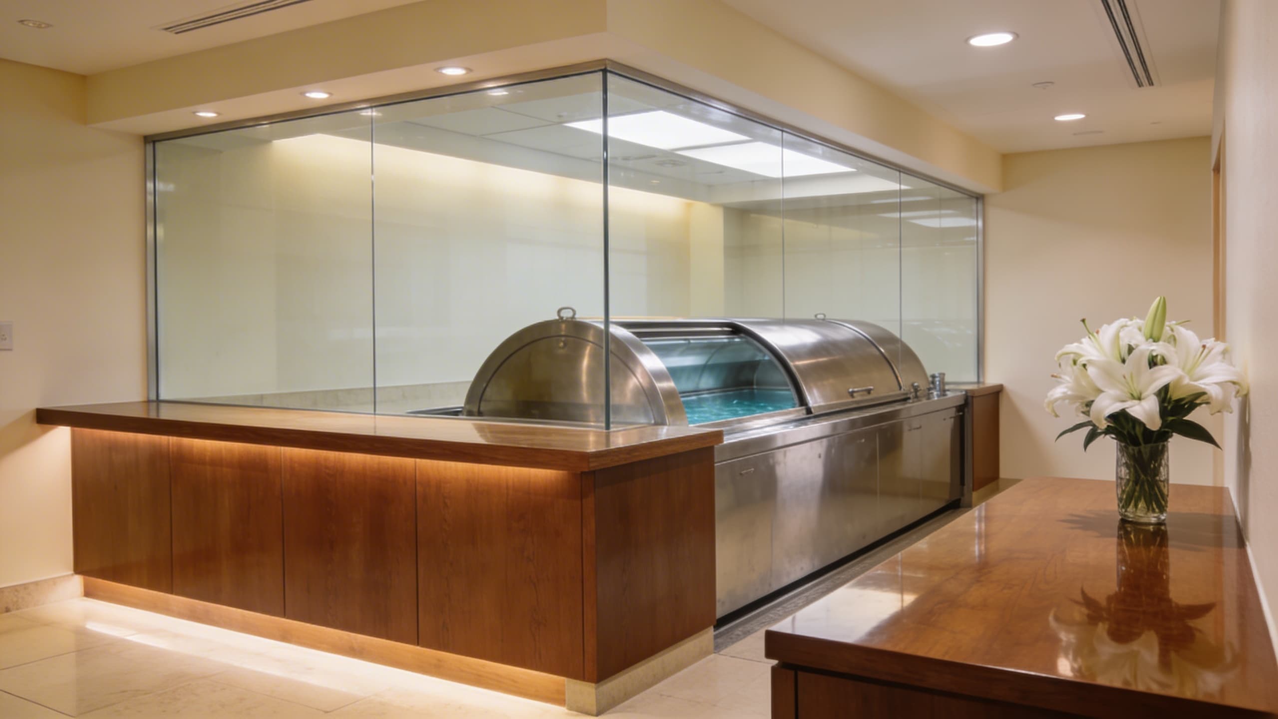 A modern stainless steel aquamation chamber in a clean, softly lit facility with a peaceful arrangement of white flowers nearby