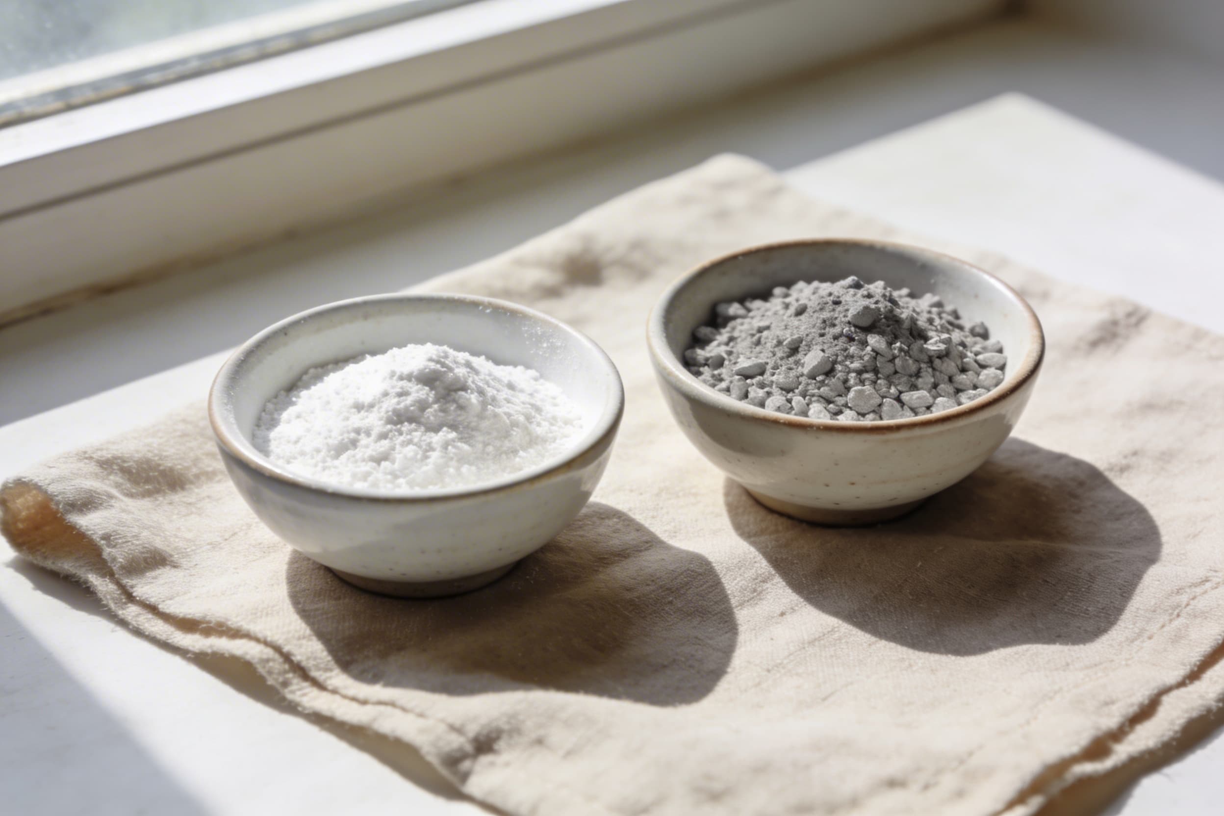 Finely processed white cremated remains from aquamation displayed beside a simple biodegradable urn on a natural linen cloth
