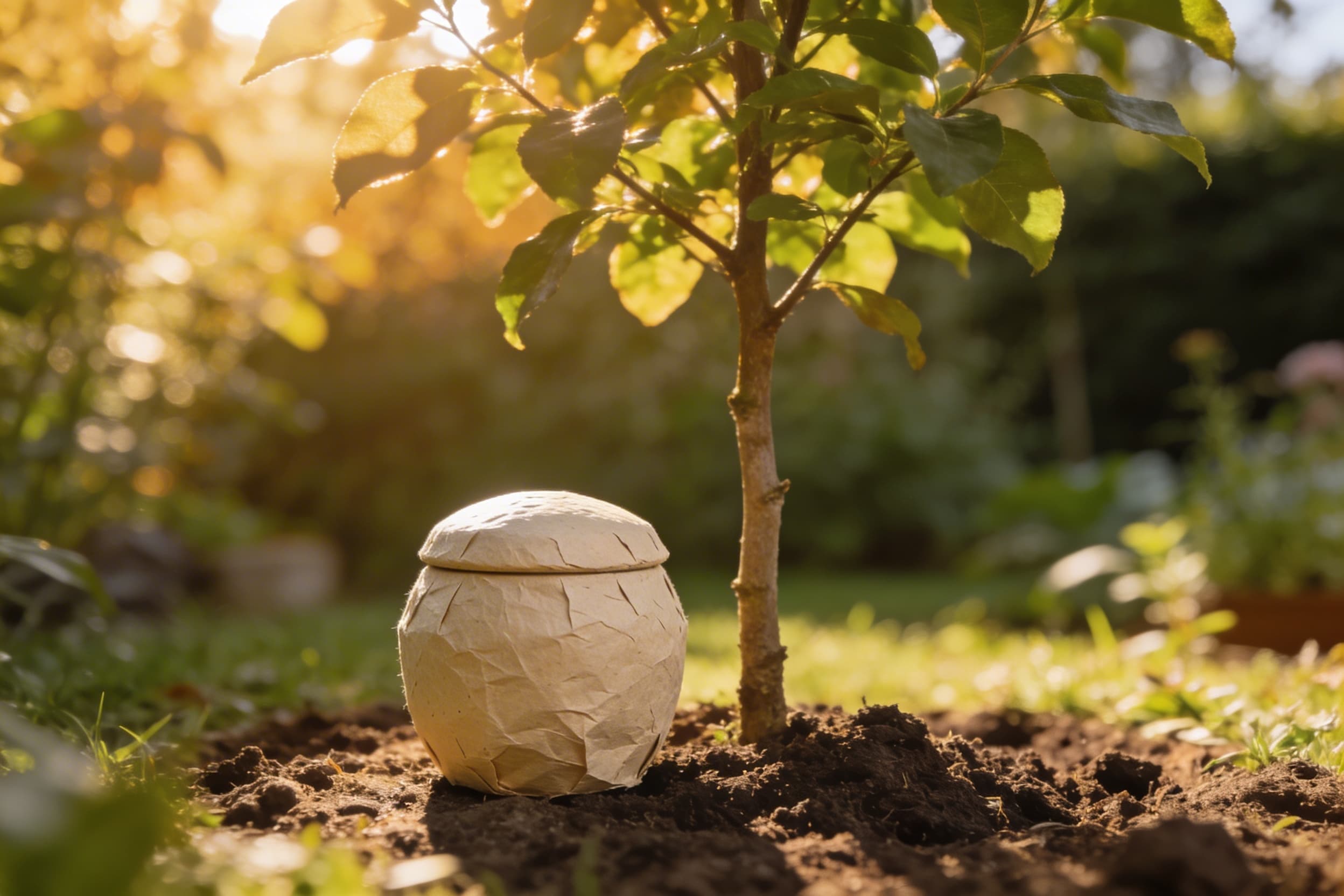 A small biodegradable urn resting beside a young tree sapling in a peaceful memorial garden with dappled sunlight filtering through leaves