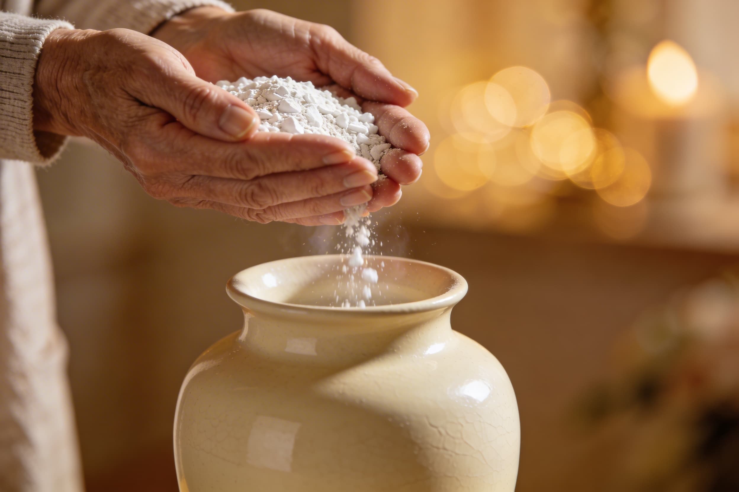 Cupped hands of a woman gently holding fine white aquamation cremated remains over a simple ceramic urn in soft warm light