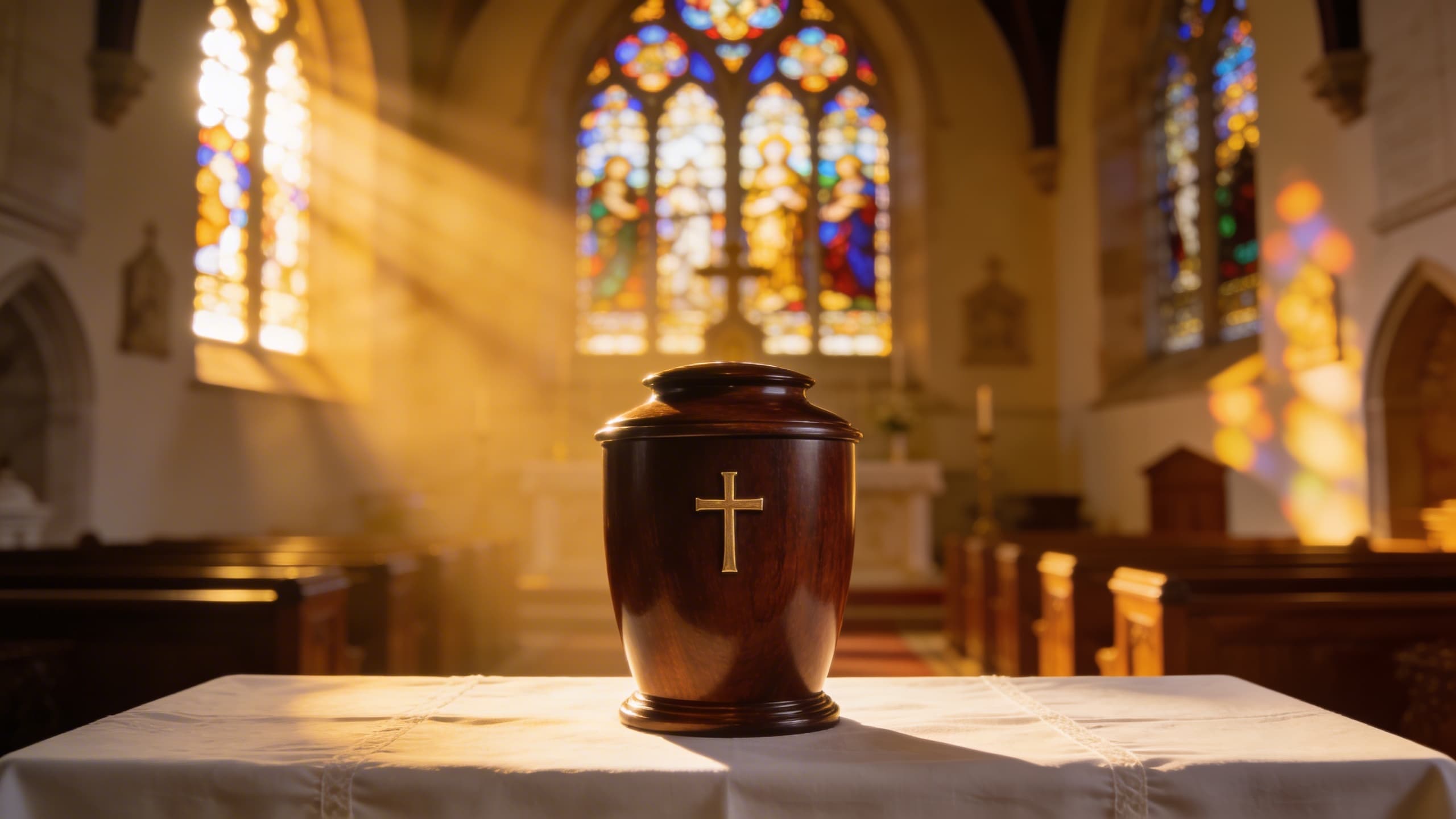 Warm sunlight filtering through a stained glass window onto a wooden cremation urn placed on a church table with a white linen cloth
