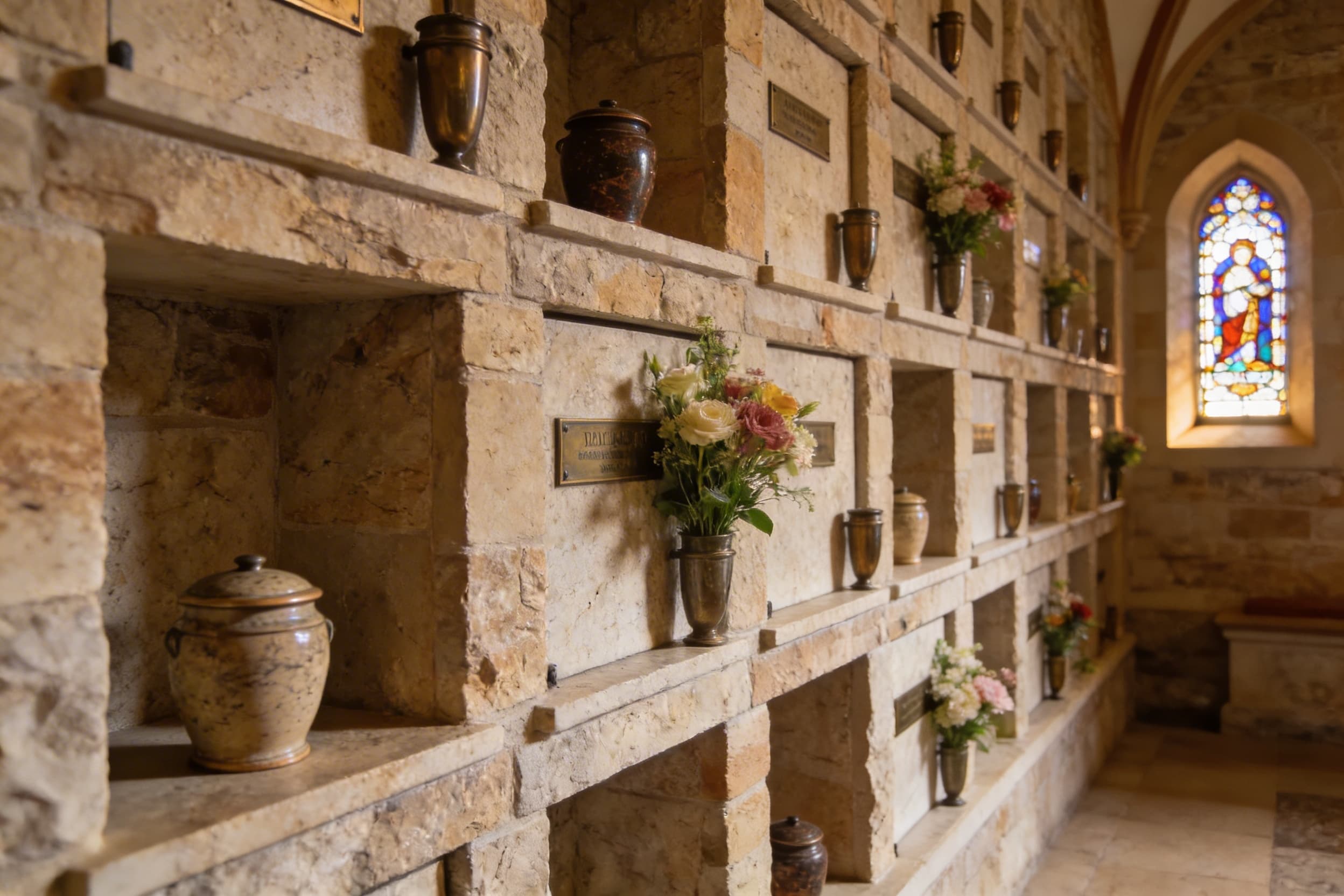A peaceful church columbarium with individual memorial niches containing urns, soft lighting, and a small stained glass window in the background