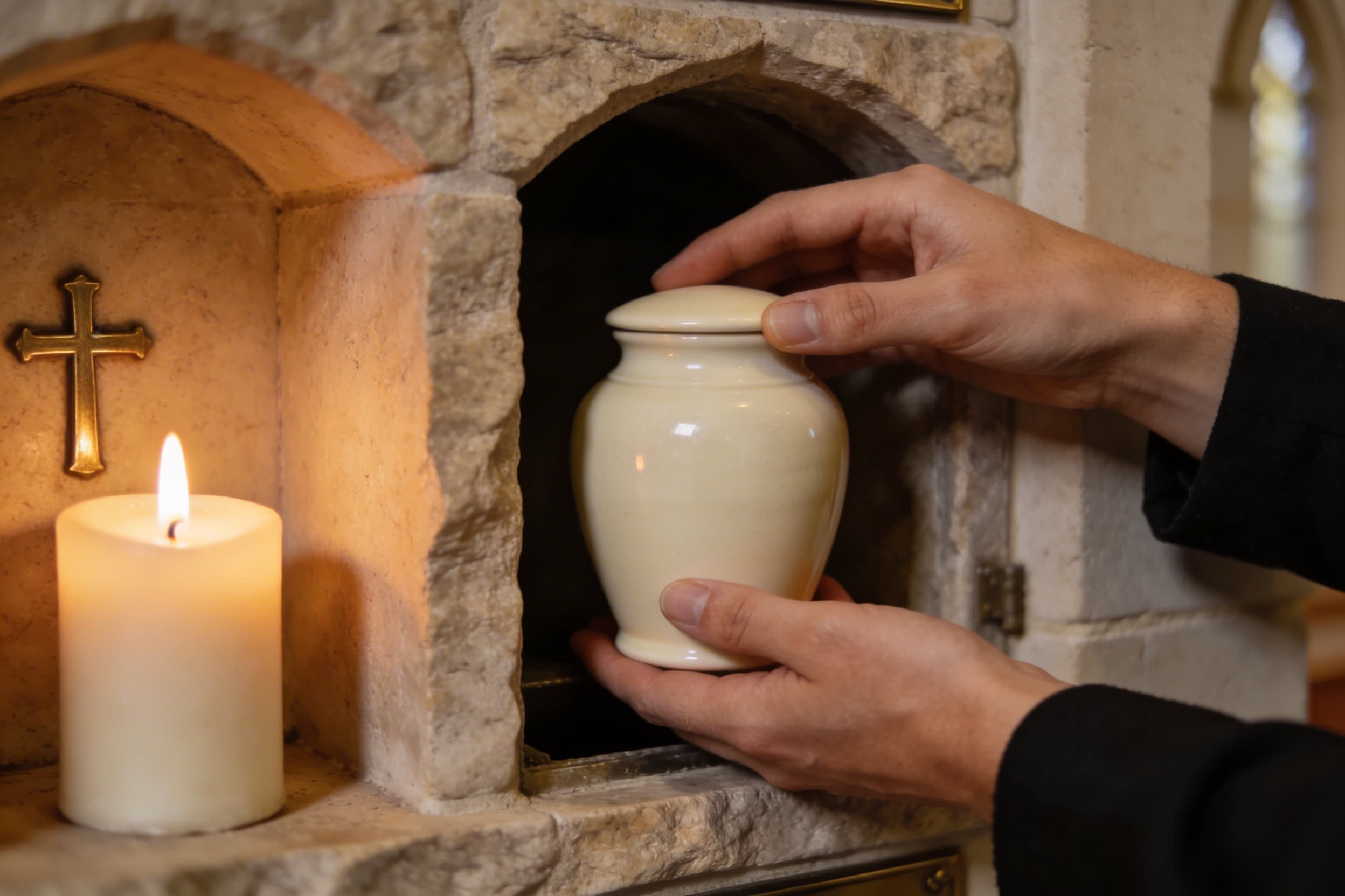 A family's hands gently placing a cremation urn into a church columbarium niche with soft candlelight and a small cross visible