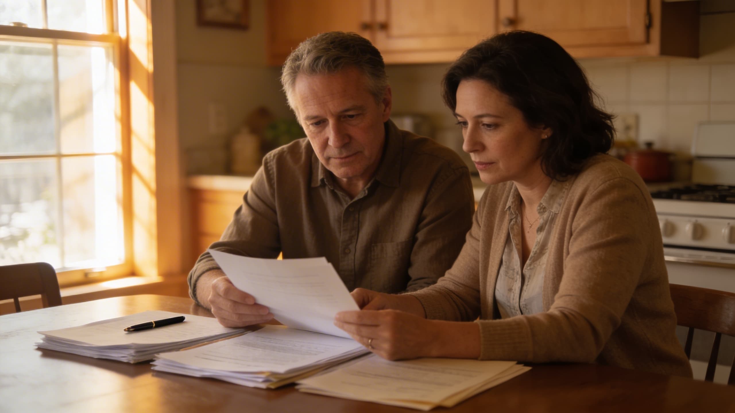 A family reviewing funeral cost paperwork and pricing documents at a table