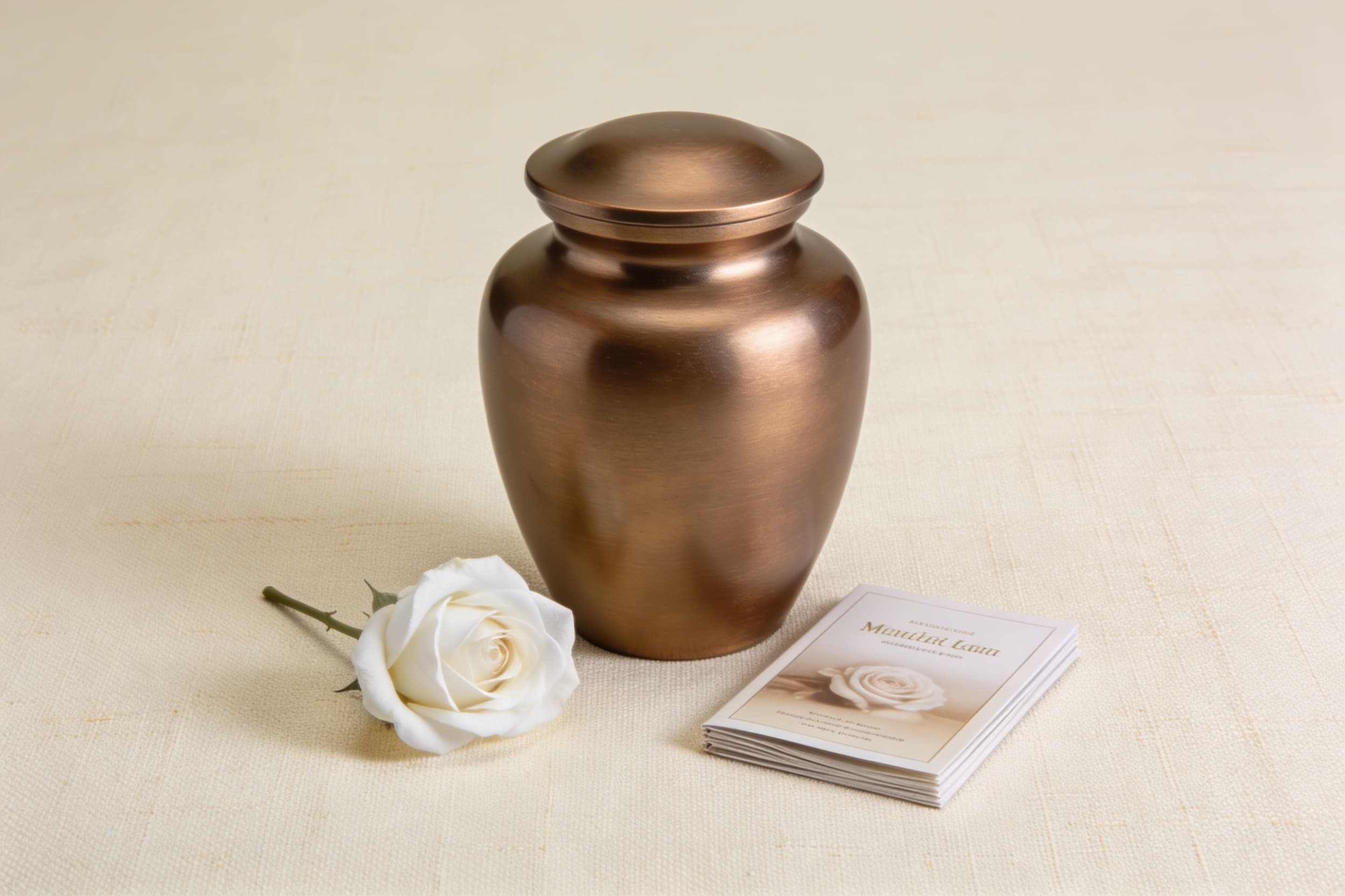 Items associated with cremation costs including an urn, cremation container, and memorial programs arranged on a soft surface