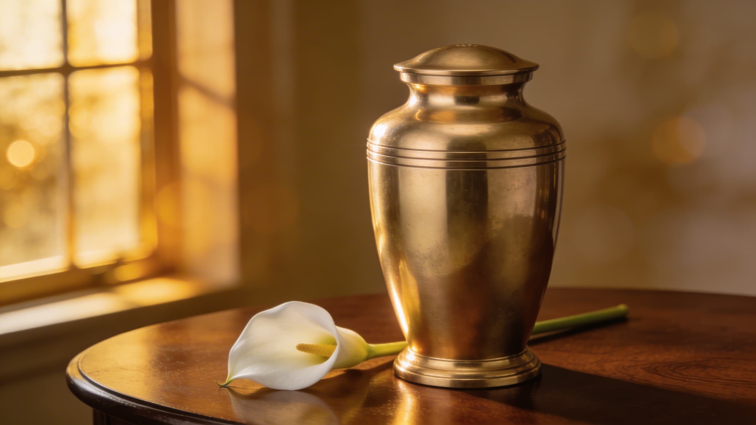A polished brass cremation urn resting on a dark wood table beside a single white flower in soft warm window light