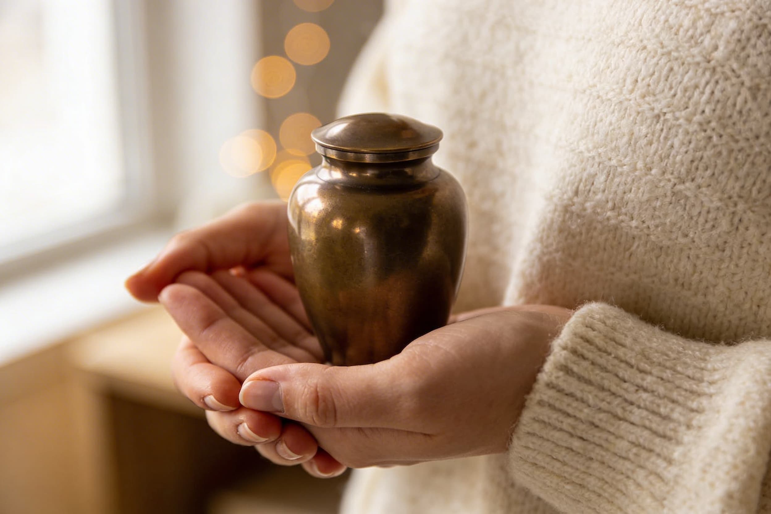 A pair of hands gently cradling a small bronze keepsake urn against a soft cream background