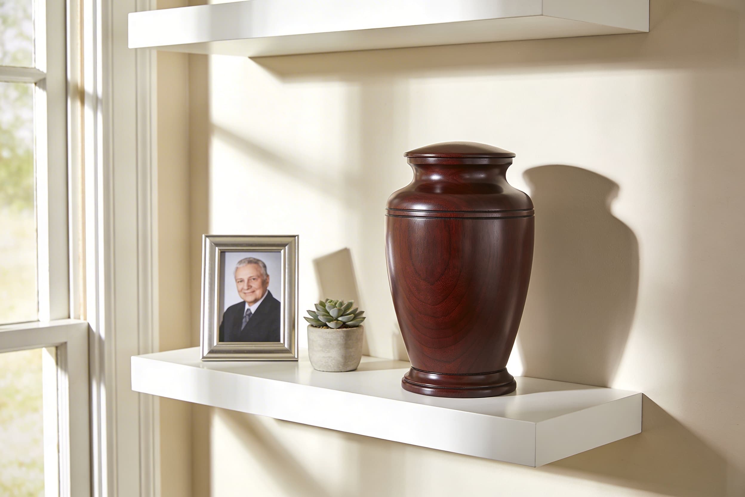 A classic dark wood cremation urn displayed on a floating shelf in a peaceful sunlit room with a framed photograph and small plant
