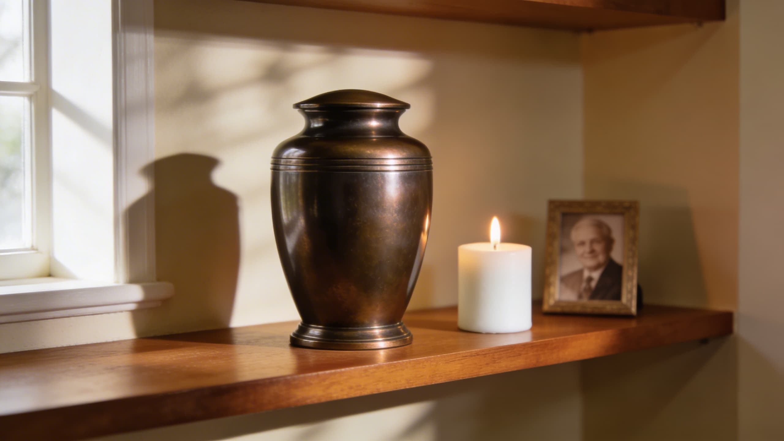 A polished cremation urn displayed on a wooden shelf beside a lit candle and a small framed photograph in warm natural light