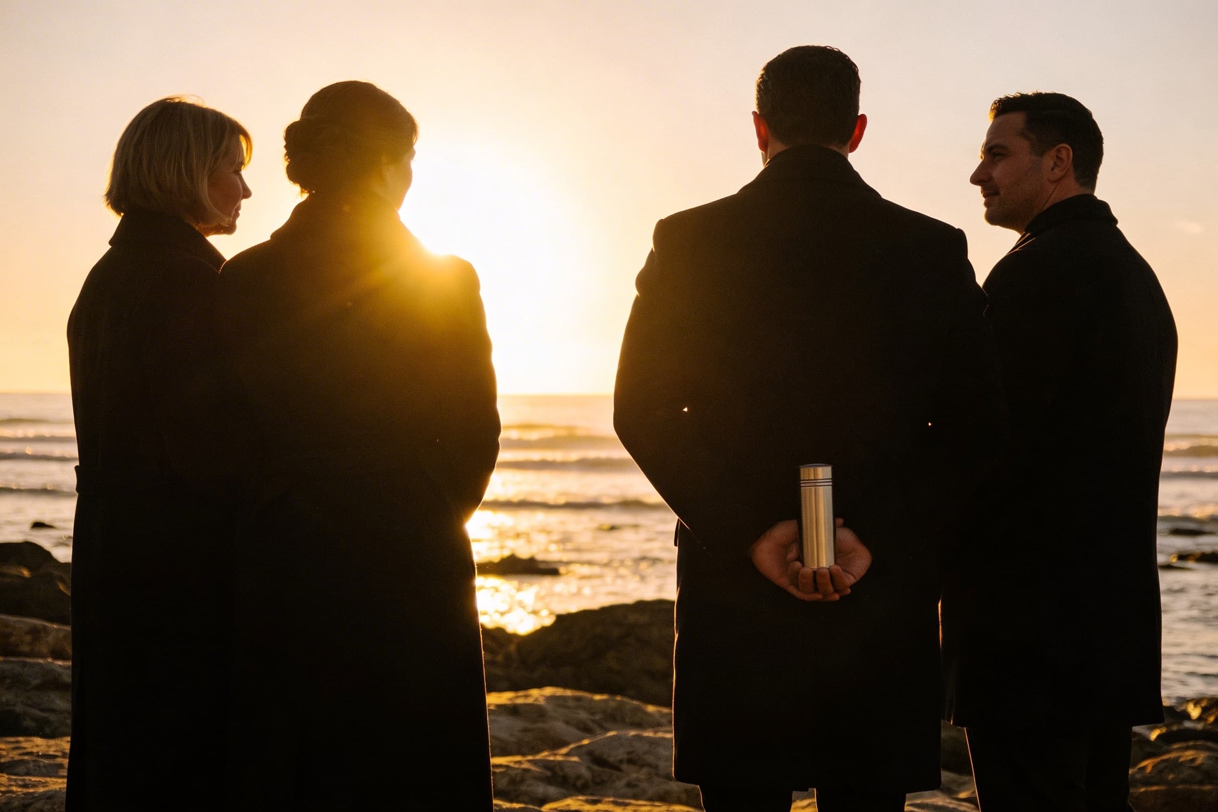 A small group of people standing together at a peaceful coastline at golden hour holding a scattering tube with soft waves in the background