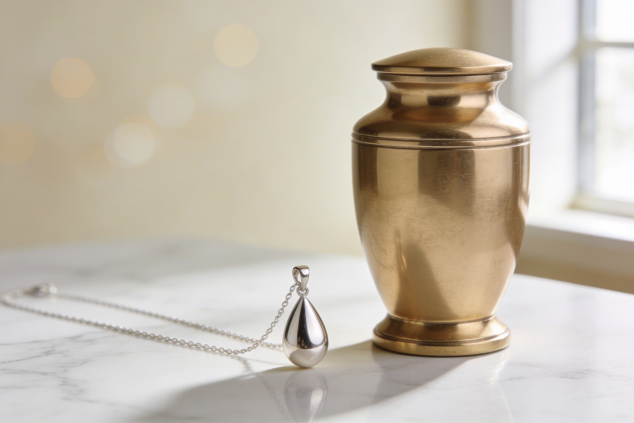 A small brass keepsake urn beside a silver cremation pendant on a white marble surface with soft natural lighting