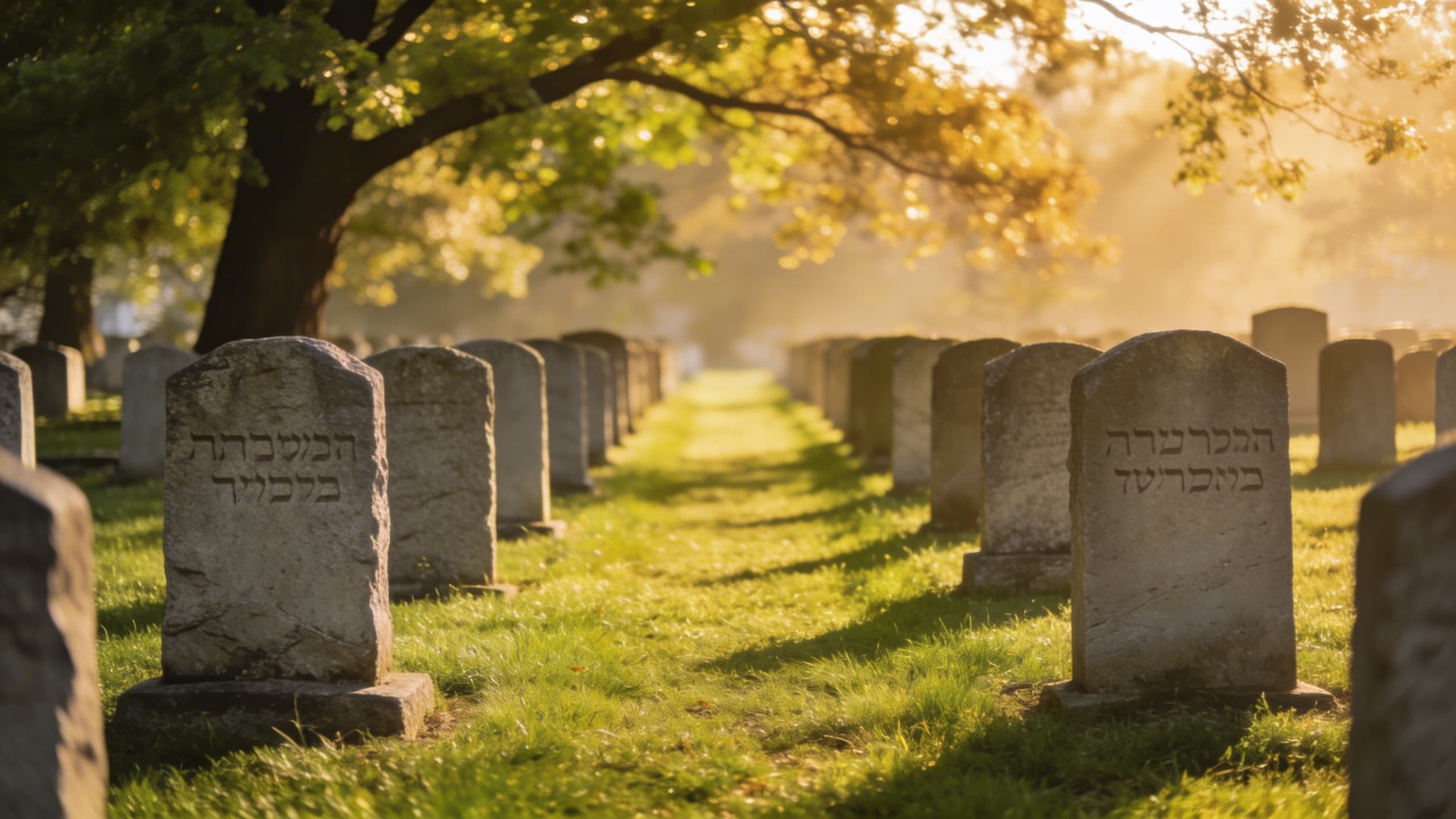 A peaceful traditional Jewish cemetery with rows of simple upright headstones beneath mature trees in soft morning light