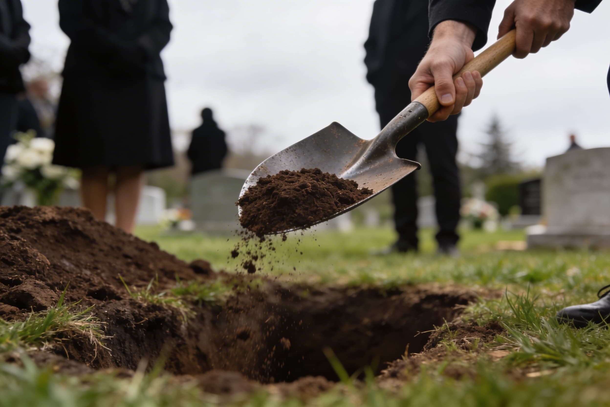 A pair of hands using the back of a shovel to place earth into an open grave at a Jewish burial ceremony