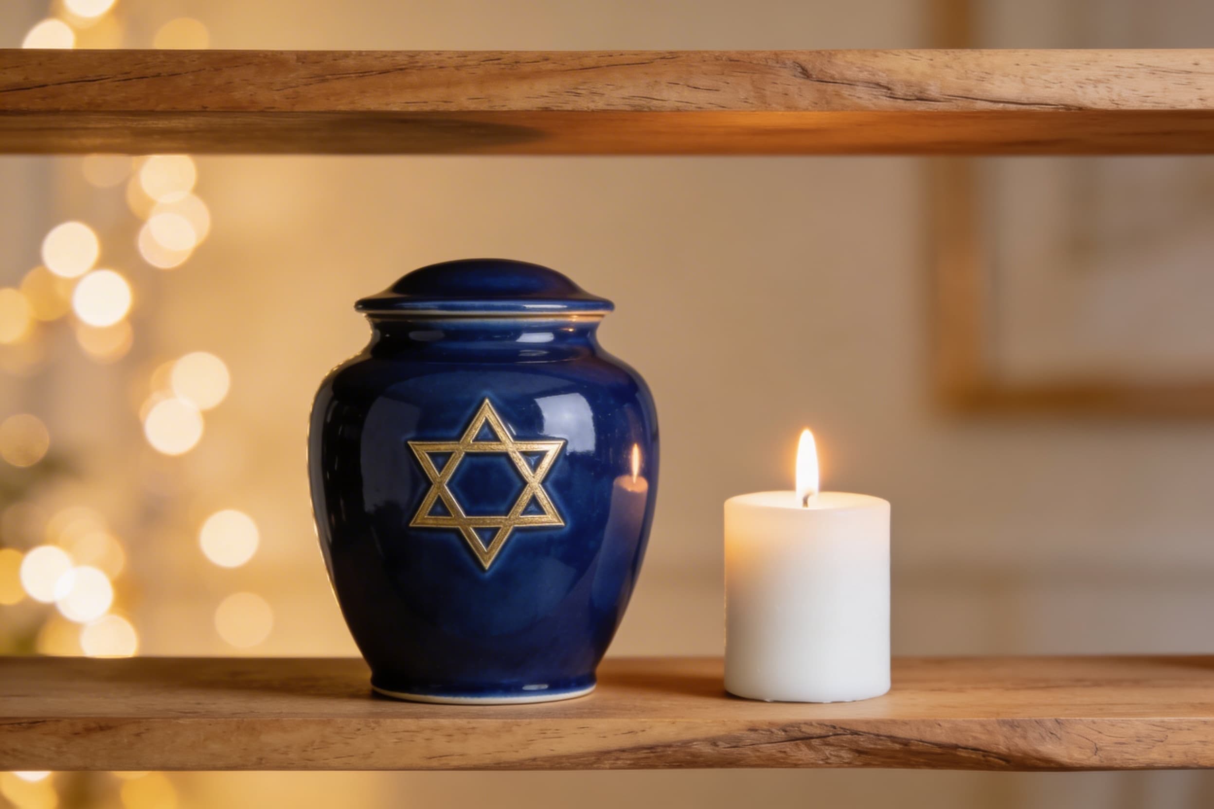 A dignified dark blue cremation urn with a Star of David emblem displayed on a wooden shelf beside a single lit memorial candle
