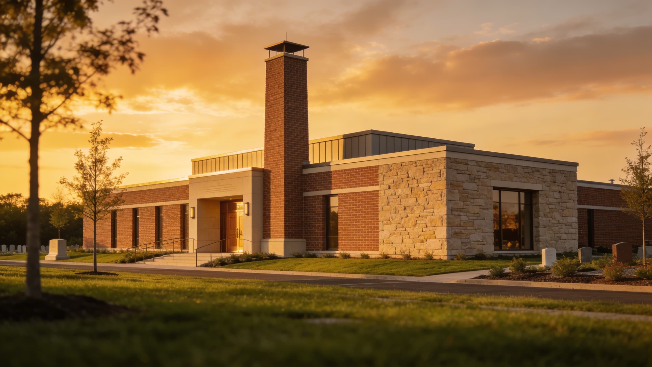 Exterior view of a modern cremation facility at dusk with a chimney stack releasing a faint plume against the sky