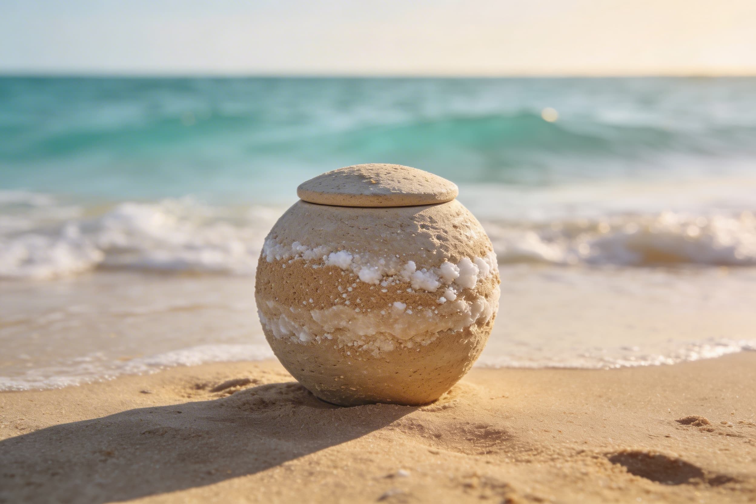 A round biodegradable cremation urn resting on a sandy shore with gentle ocean waves in the soft-focus background