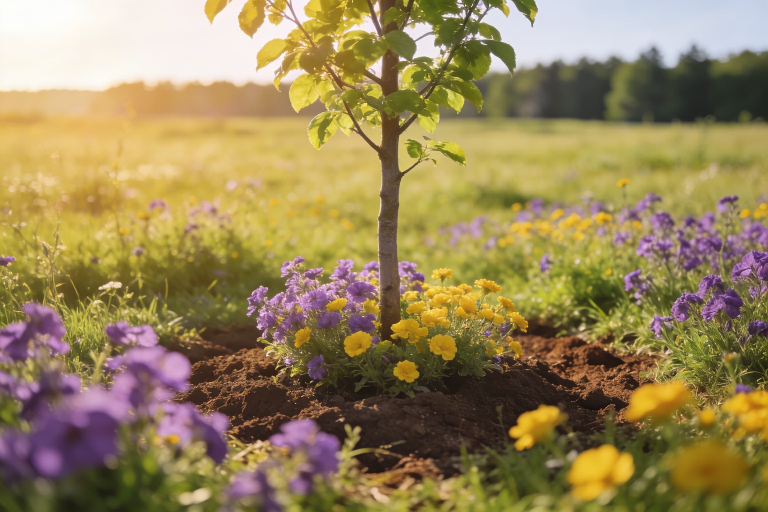 A young memorial tree with fresh green leaves planted in a sunlit meadow with wildflowers surrounding the base