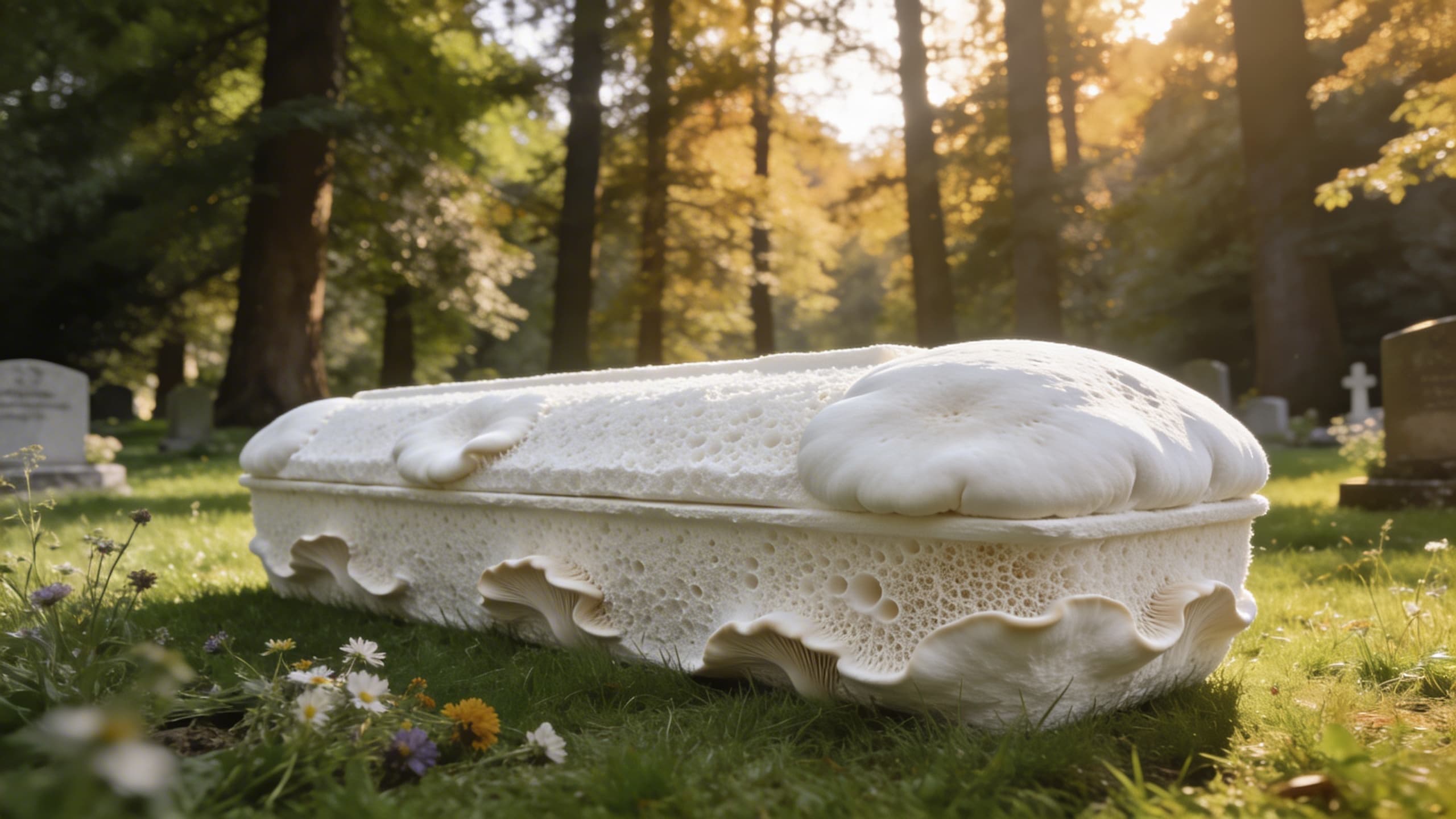 A mushroom coffin made from white mycelium resting on green grass in a natural burial setting surrounded by trees
