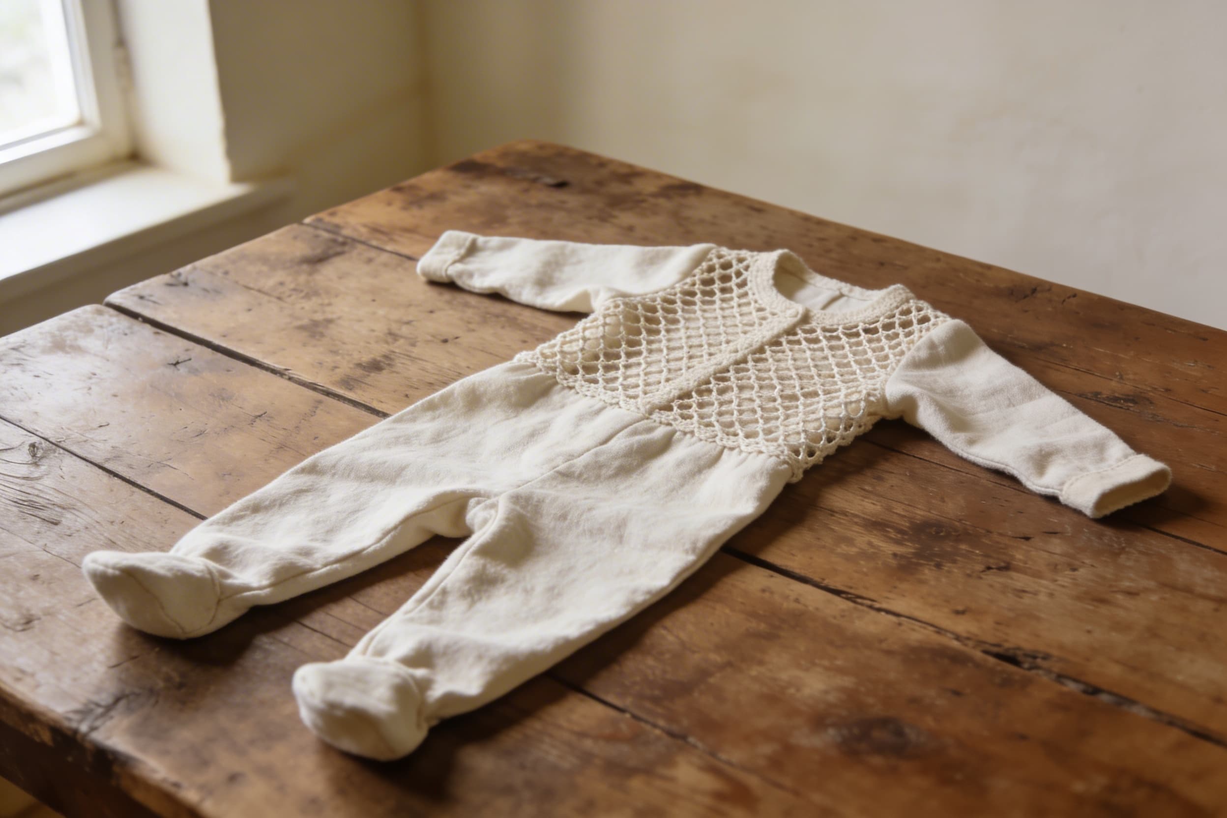An organic cotton mushroom burial suit laid out on a wooden surface showing the crocheted netting pattern infused with mushroom spores