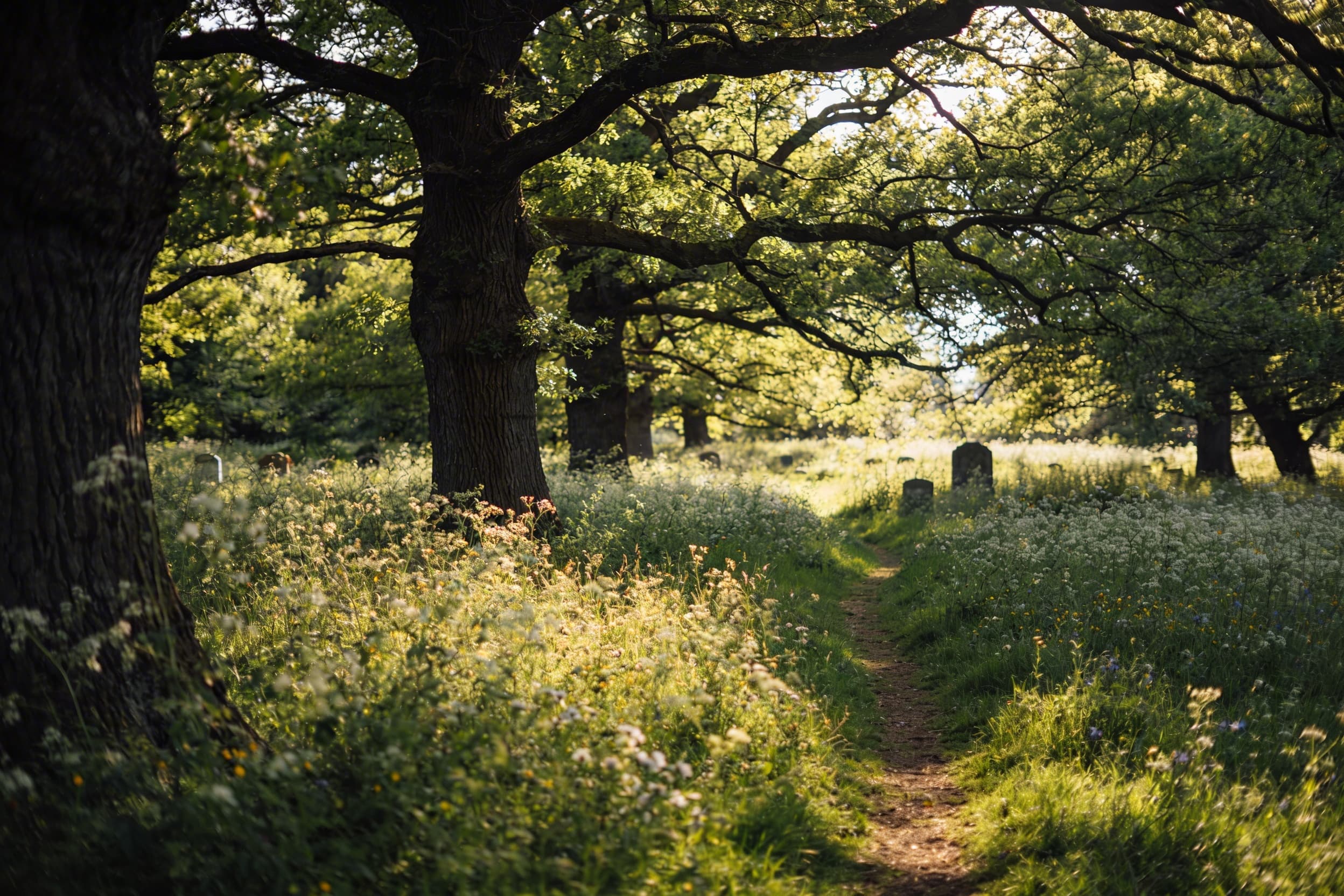 A peaceful natural green cemetery with wildflowers and trees showing an undisturbed burial ground without traditional headstones