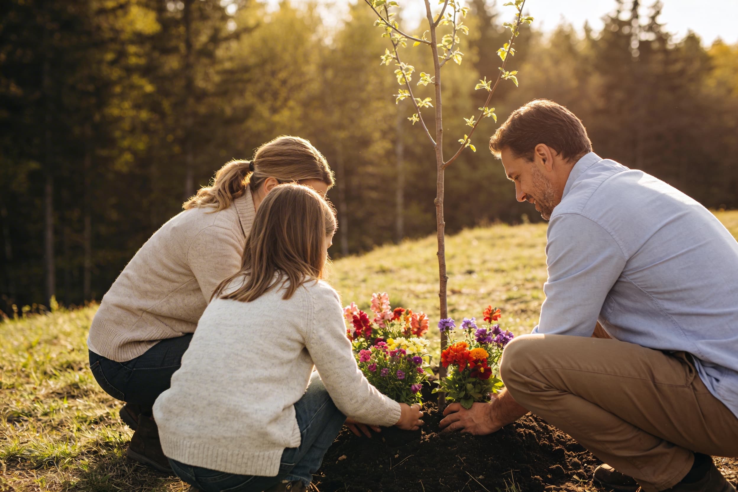 A family planting flowering perennials at a green burial site with a natural wooded hillside in the background