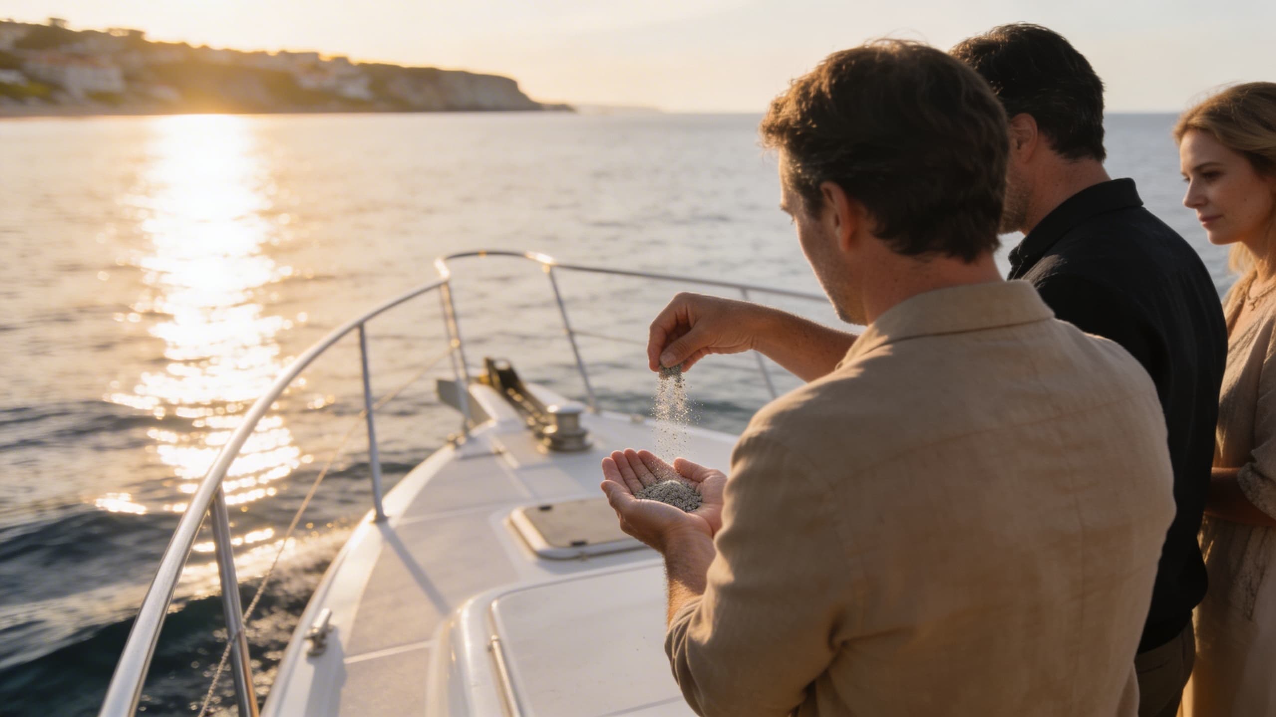 A small group of people at the stern of a charter boat releasing ashes over calm ocean water at golden hour