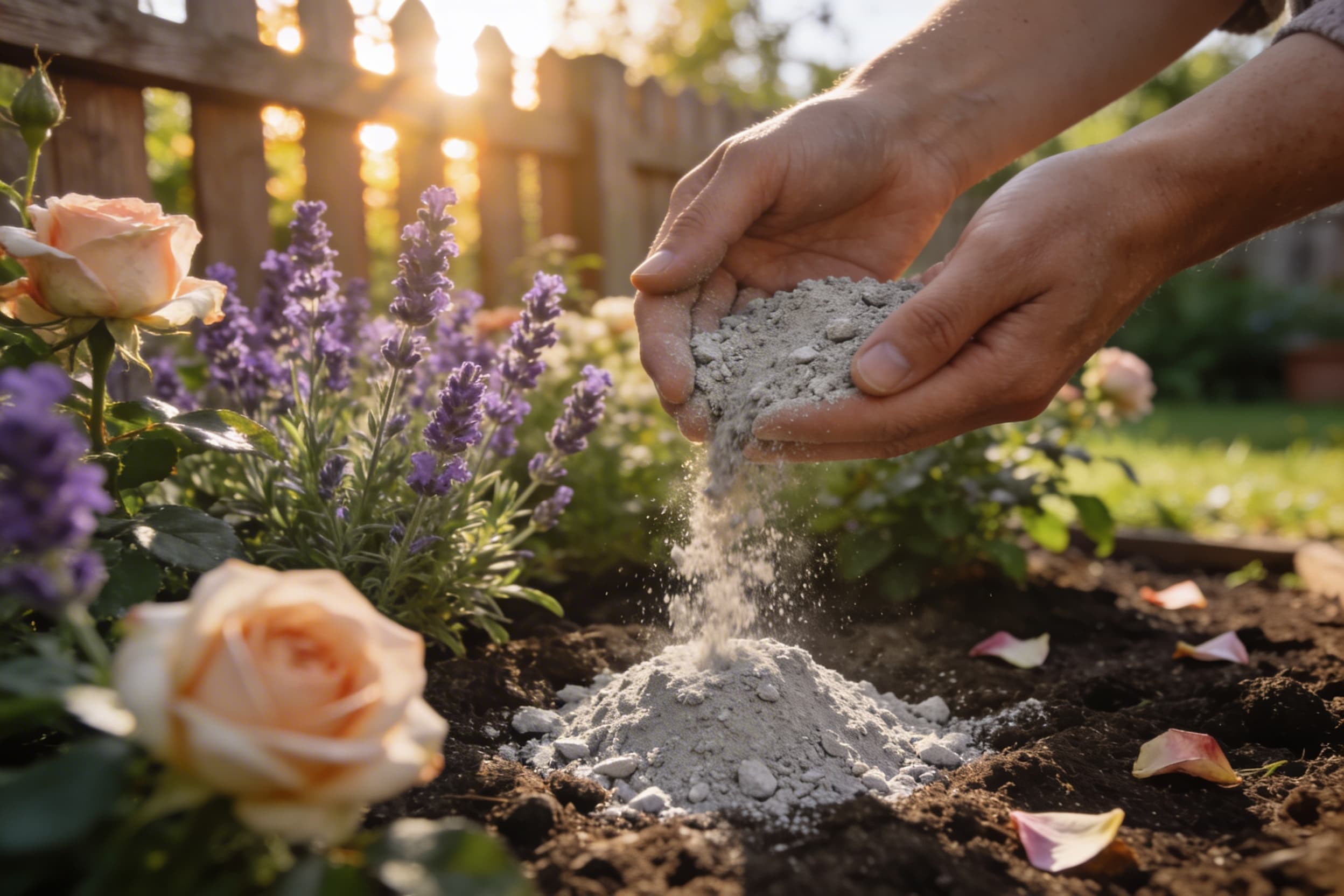 Hands gently releasing pale gray ashes into a lush garden flower bed with blooming roses and lavender in warm afternoon sunlight
