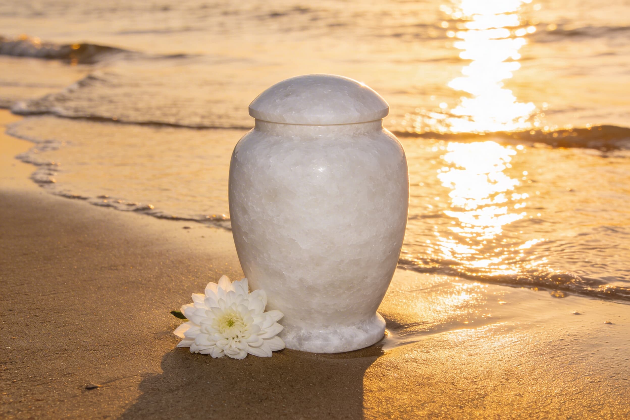 A smooth white biodegradable salt cremation urn on wet sand at the edge of gentle ocean waves at sunset with a single white flower beside it