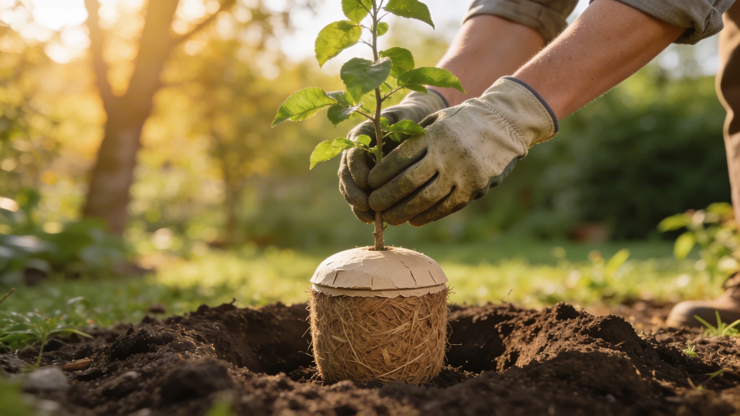A biodegradable tree urn being planted in rich garden soil with a young sapling placed above it