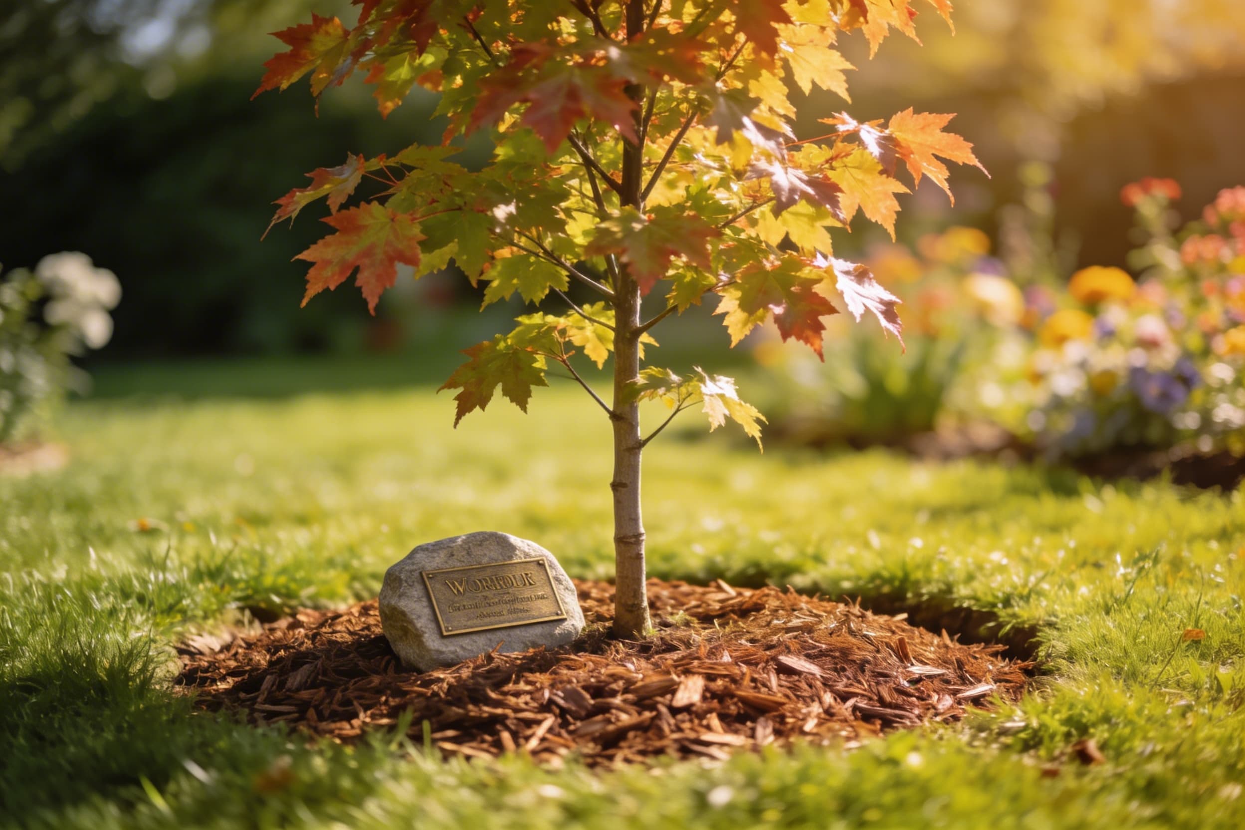 A young memorial tree sapling with a ring of mulch at its base growing in a sunny garden setting