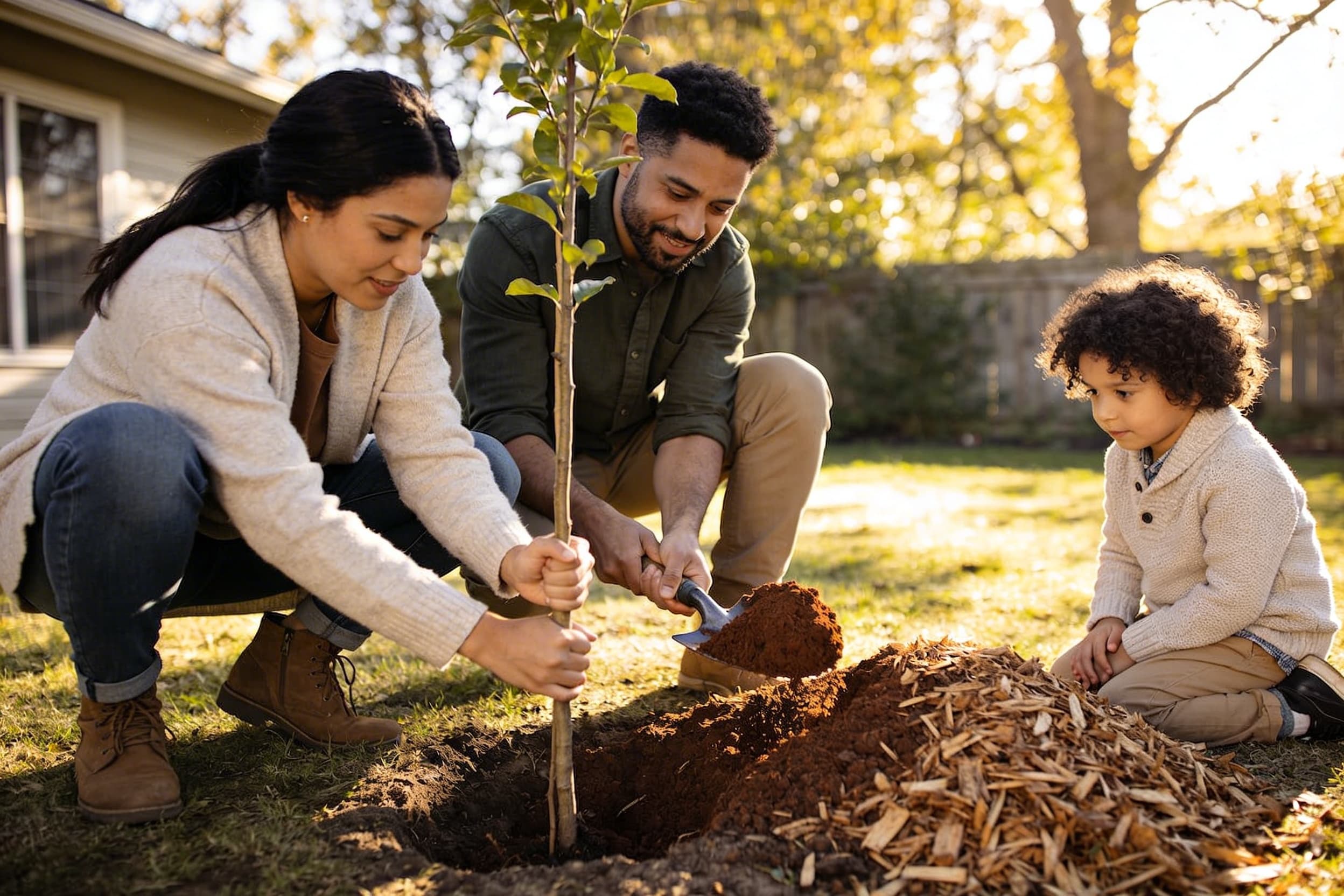 A family planting a memorial tree together in a peaceful backyard setting during golden hour