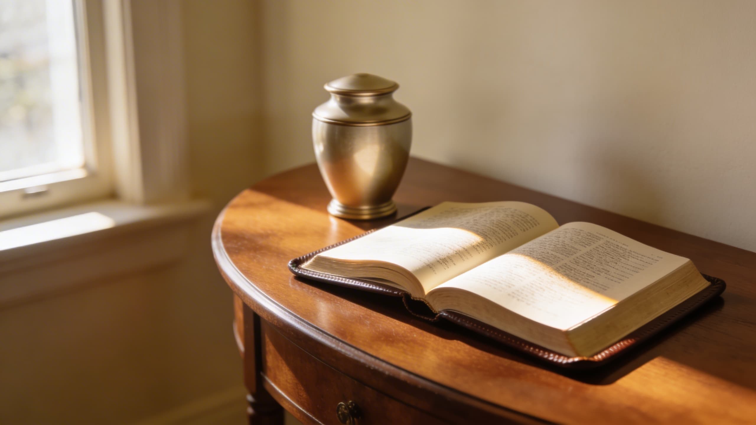 An open Bible resting on a wooden table beside a small cremation urn with soft natural light from a window