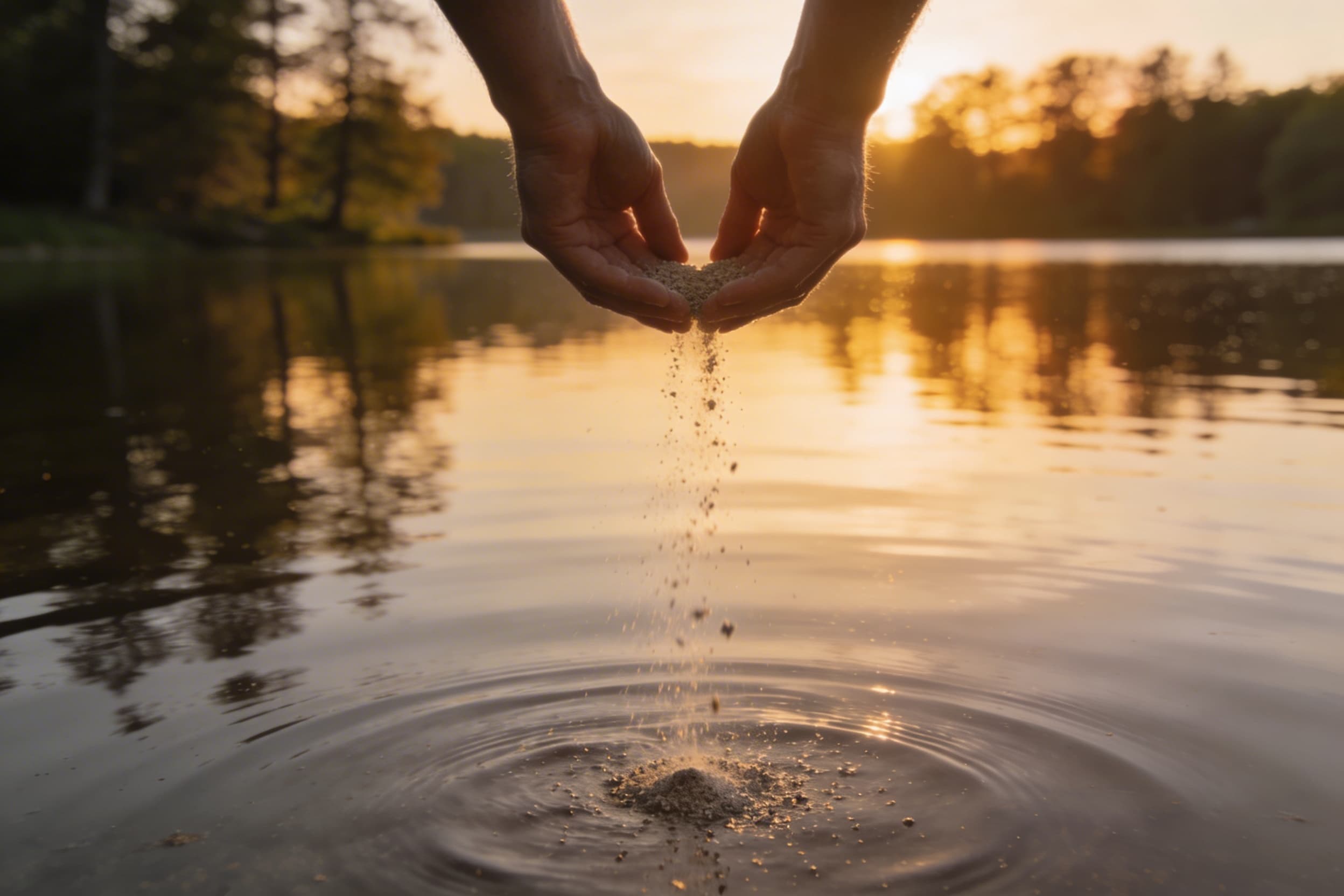 A family's hands gently releasing cremated ashes over a calm lake at sunset with trees reflected in the water