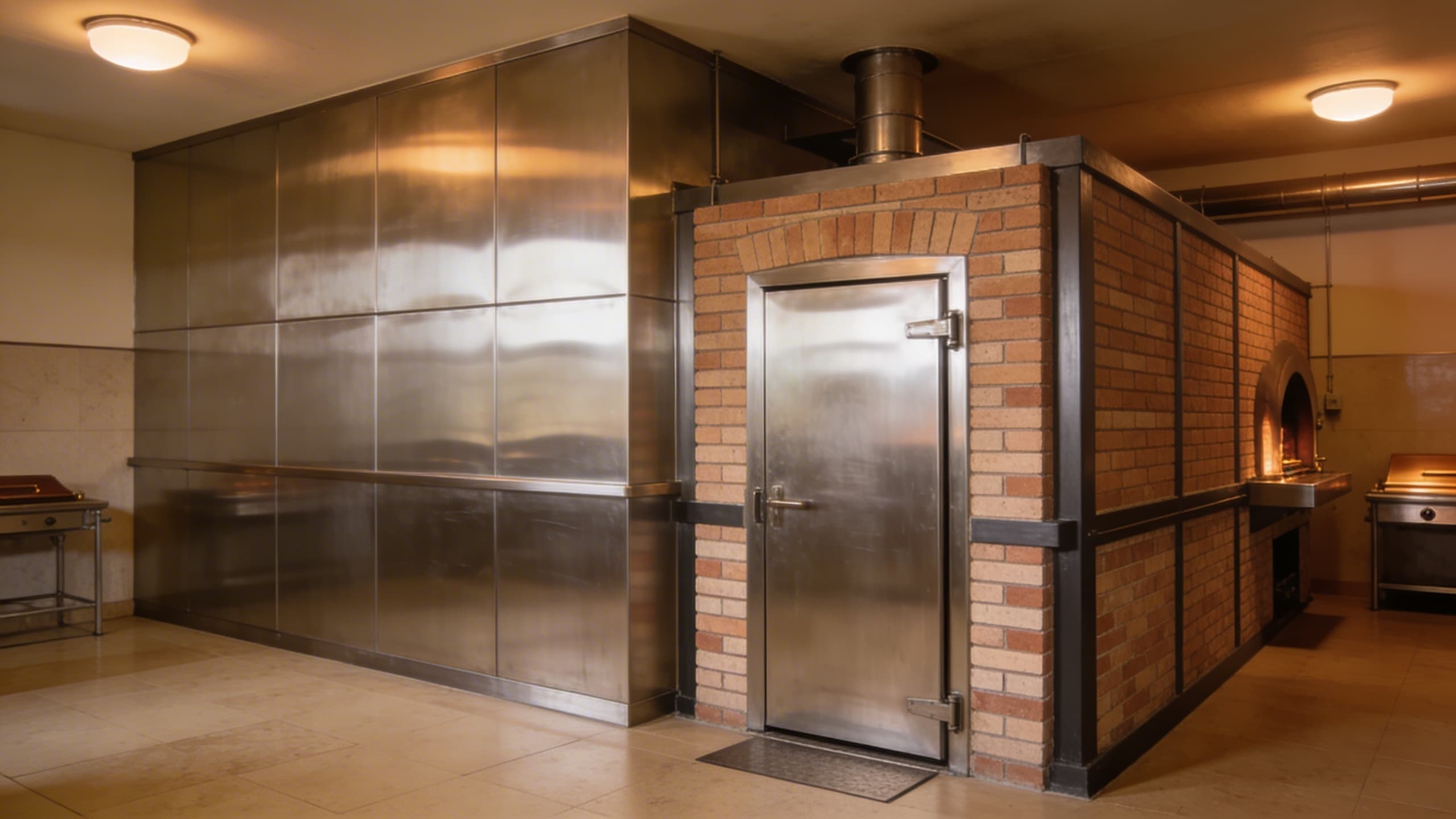 The exterior of a modern cremation retort chamber inside a clean, well-lit crematorium facility