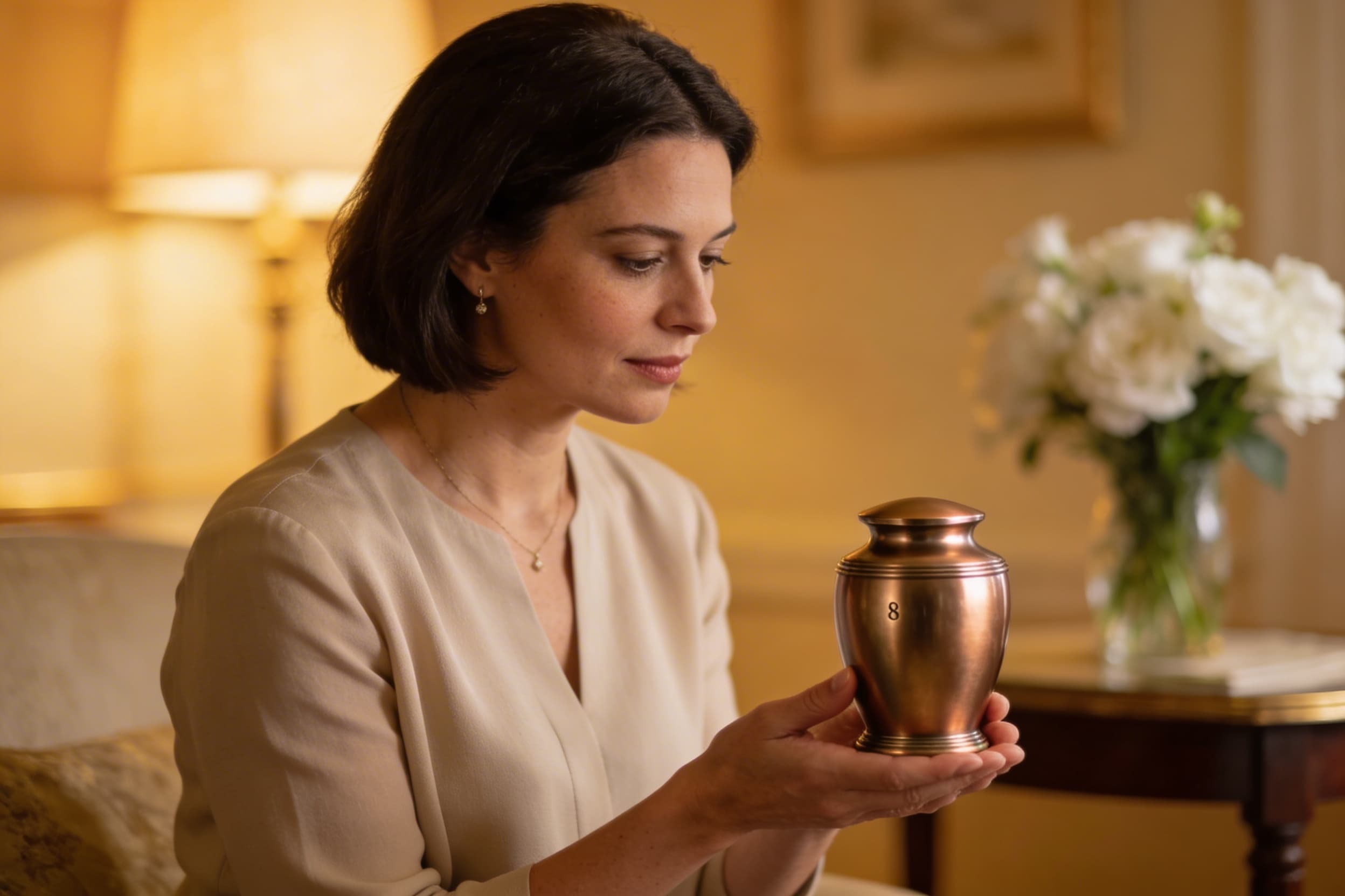 A family member holding a cremation urn containing ashes in a warm, softly lit room with flowers nearby