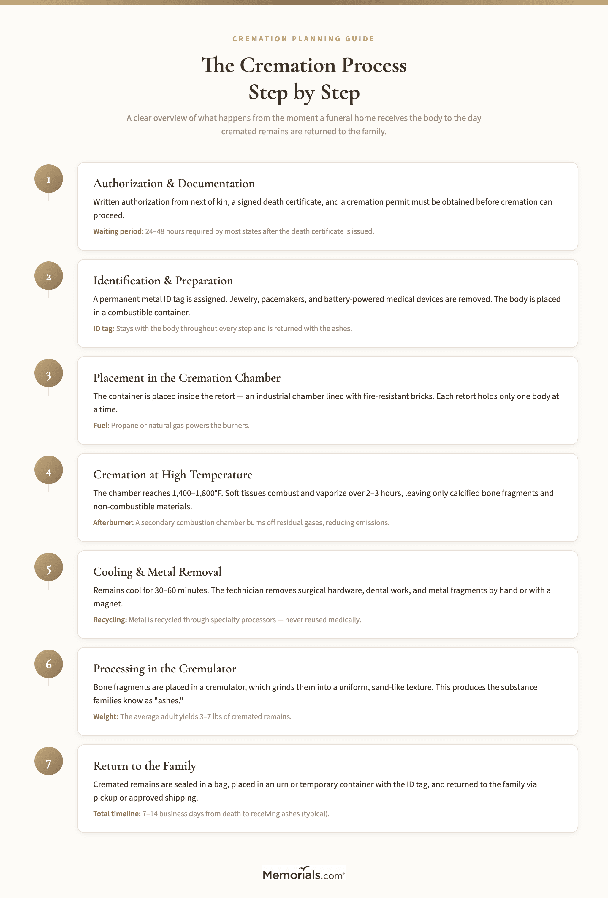 Visual step-by-step flow showing the 7 stages of cremation from authorization to receiving ashes